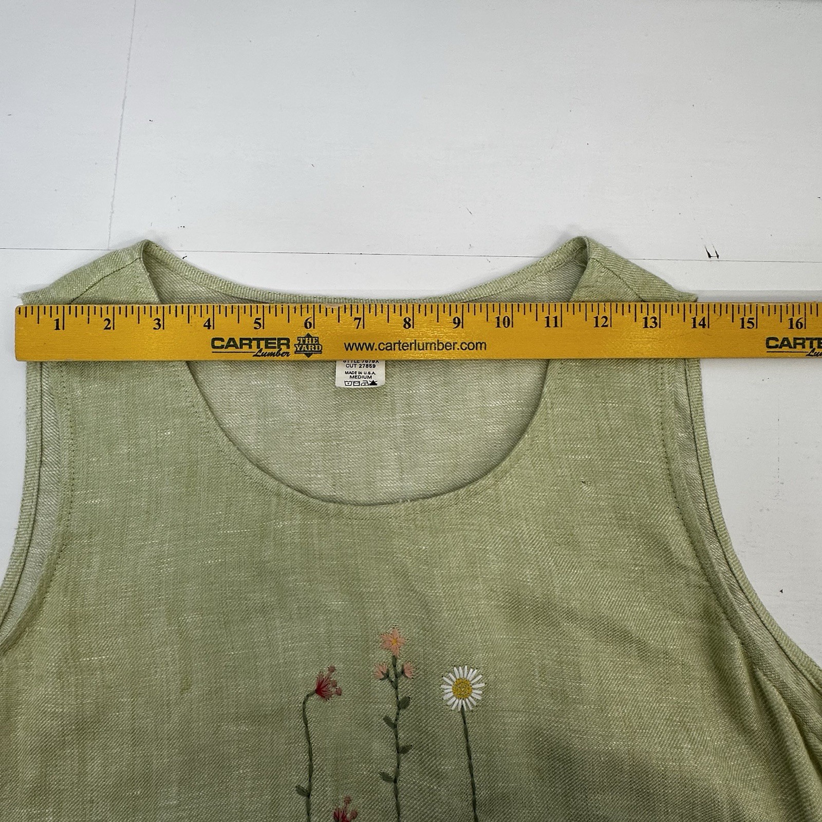 VTG CarolAnderson Linen Green Embroidered Dress USA Cottagecore Prairie M READ