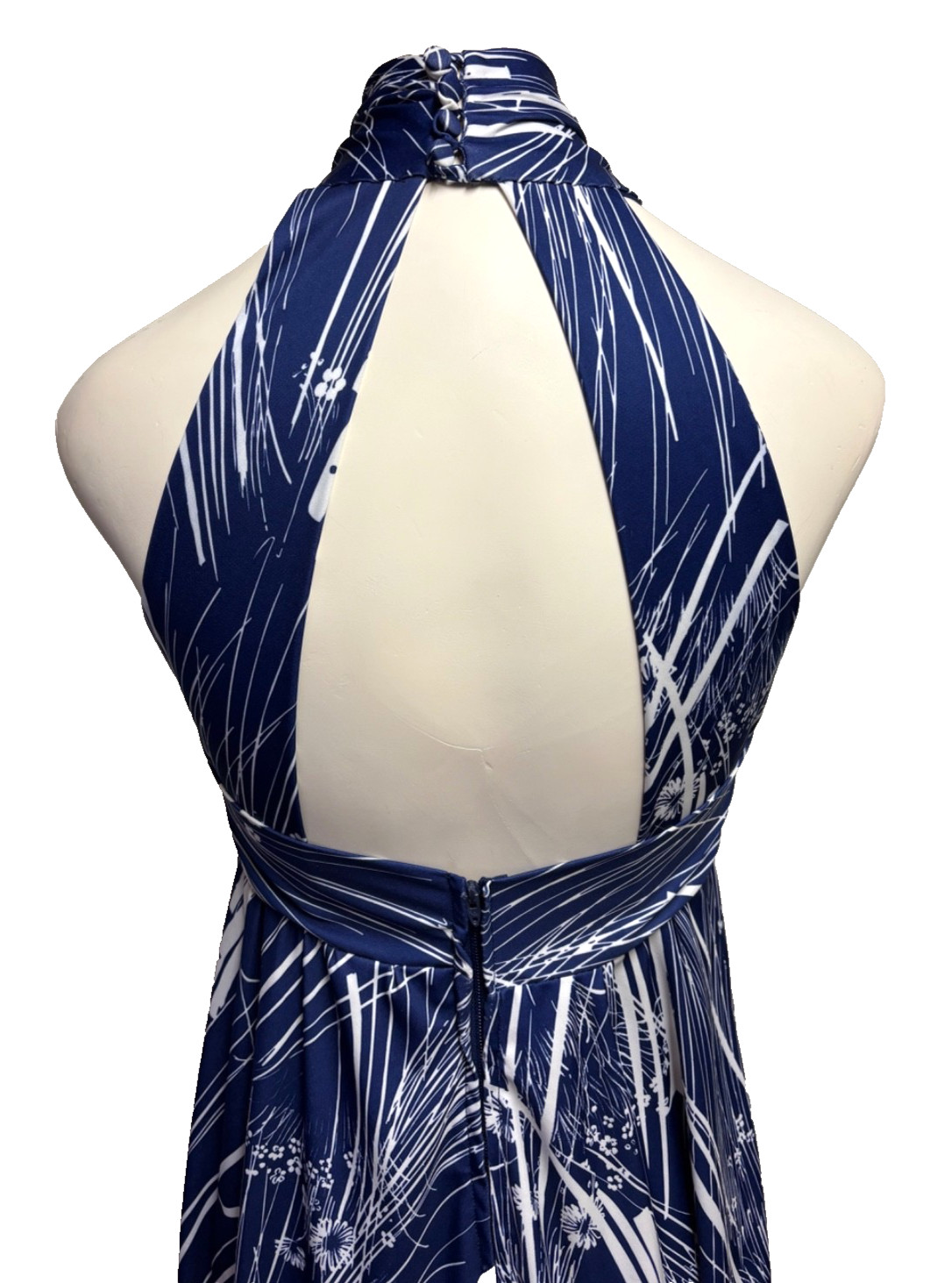 VTG 70’s Halter MAXI Dress Navy Blue White Abstract Floral Size S/M Tall EXC!