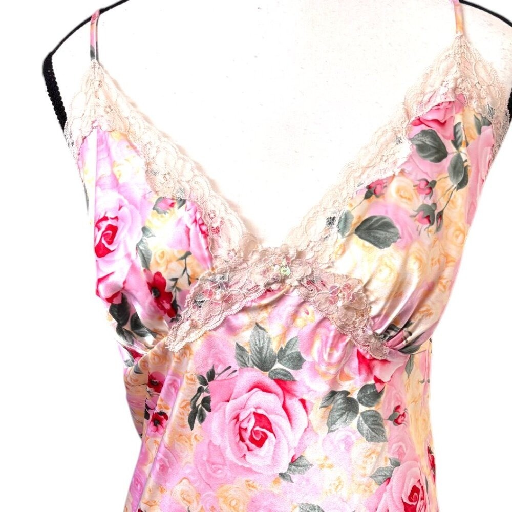 Y2K VINTAGE PINK ROSES SATIN LACE TRIM MINI DRESS SIZE 1X 16-18