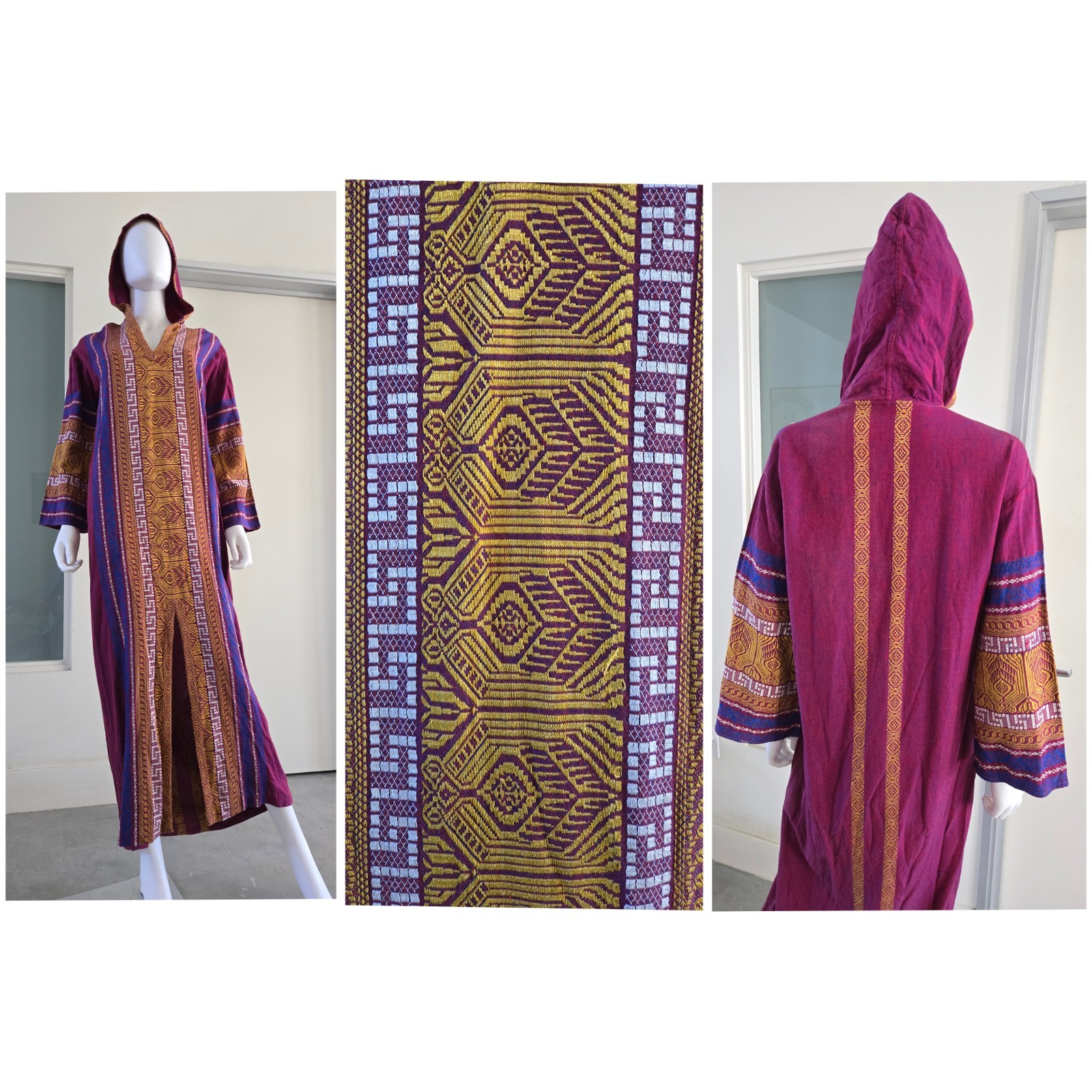 Vintage 60s 70s Kaftan Caftan Robe Dress Hippie Festival Greek Greece Hood Woven