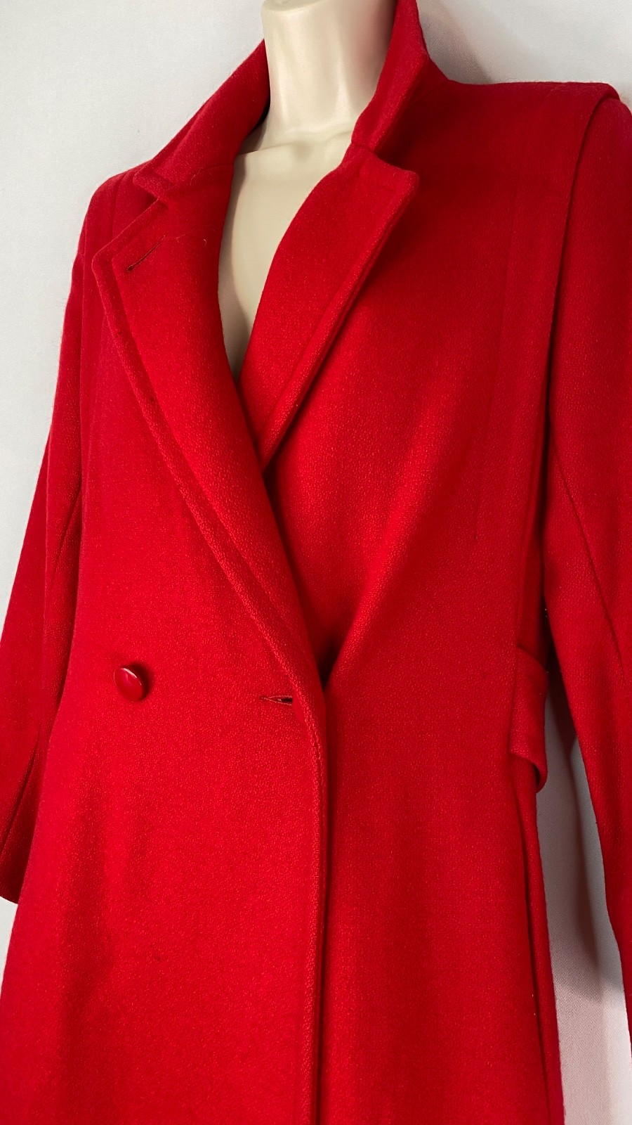 Vintage 1970s red wool trench coat jacket XS S long collar pea pockets JILL JR
