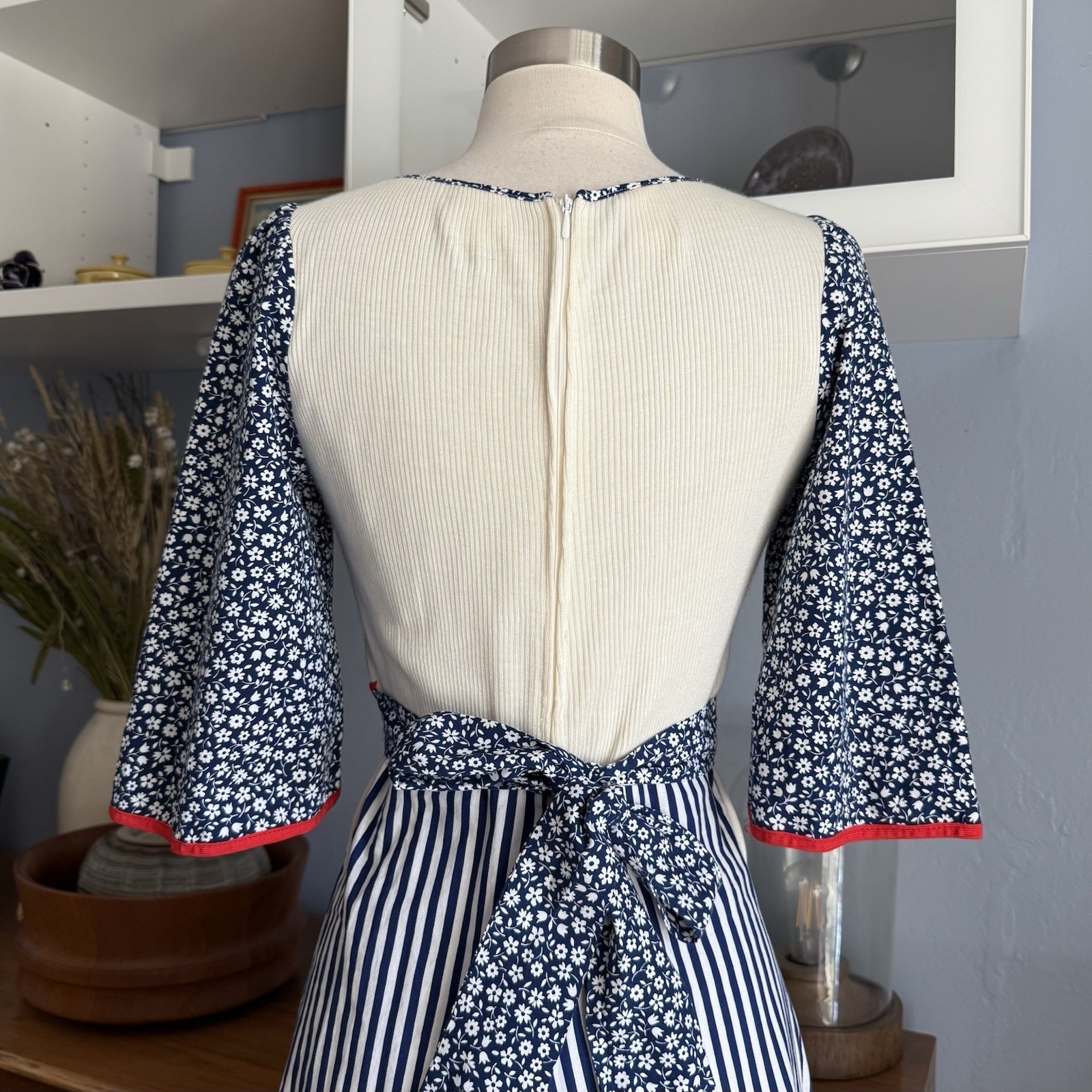 Vtg 70s Maxi Dress XS/S Prairie Floral Striped Dots Cotton Cottagecore Boho