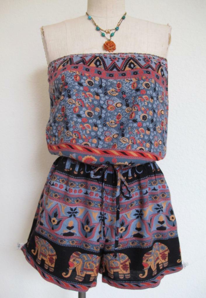 Vtg Romper M Boho Hippie India Elephant Print Cotton Strapless Festival India
