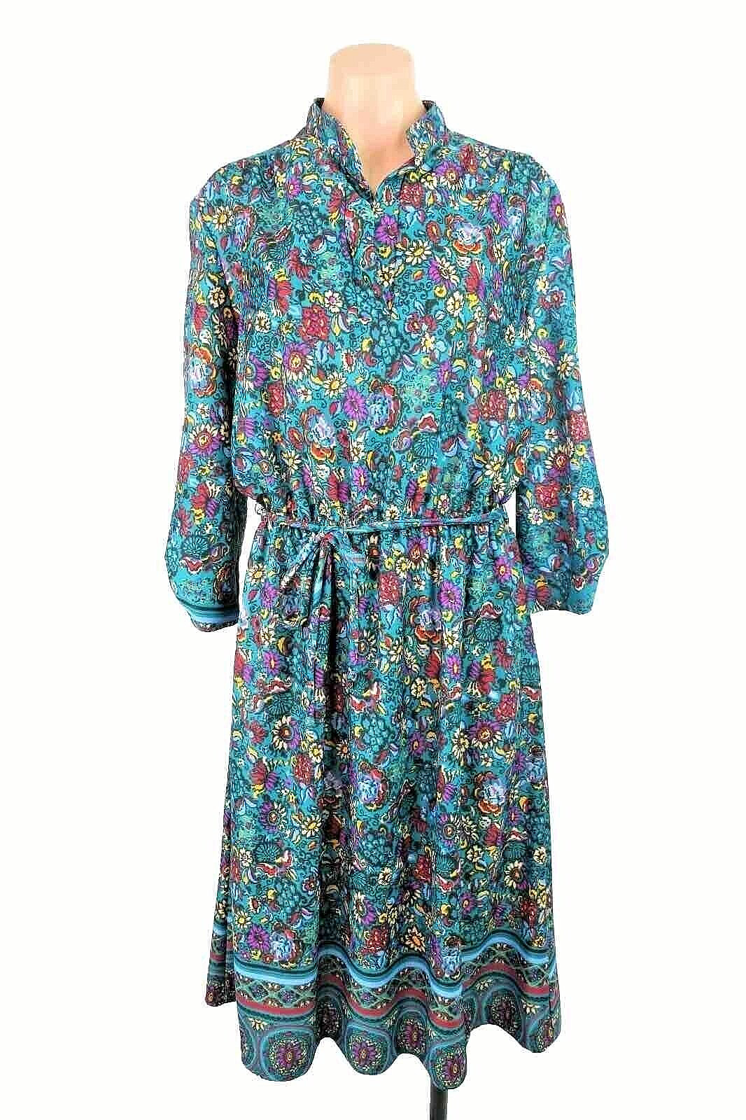 VTG 70s Floral Nylon Abstract A-Line Belted House Dress sz M/L 16 Flowy Summer
