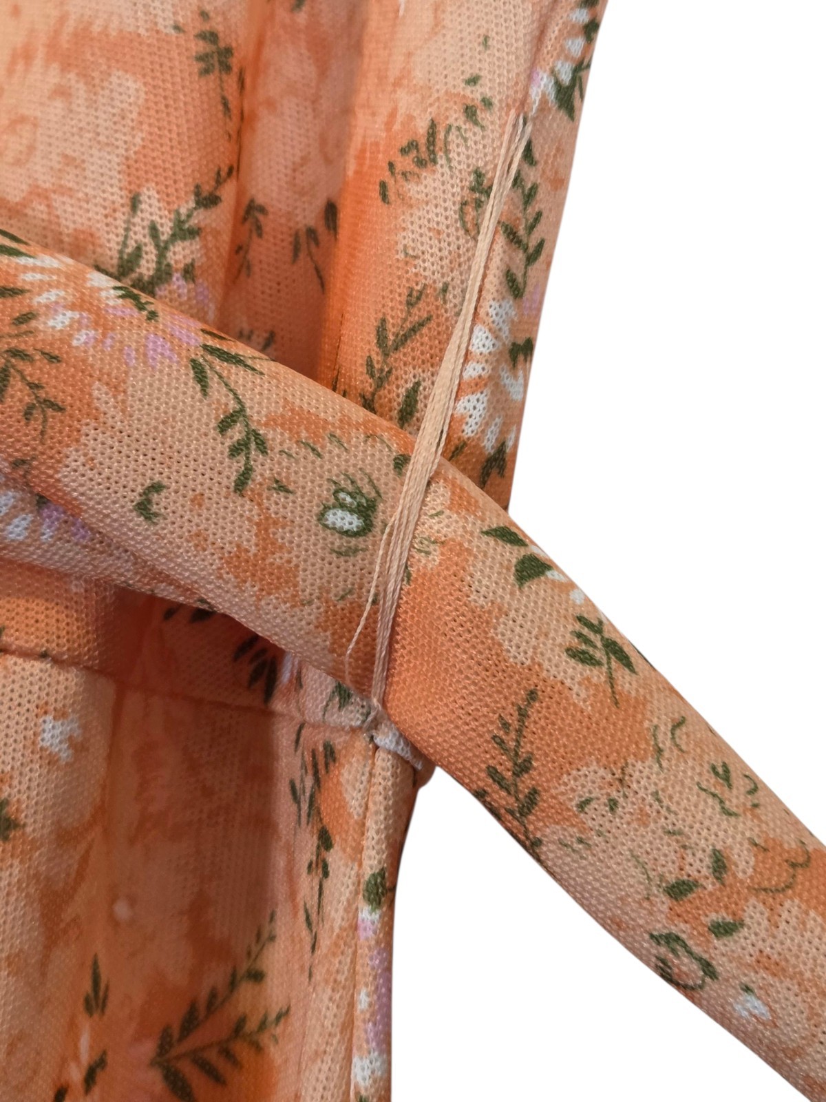 60s/70s Peachy Ditzy Floral Empire Waist Maxi Dress Tie Back Hostess, Boho GUC