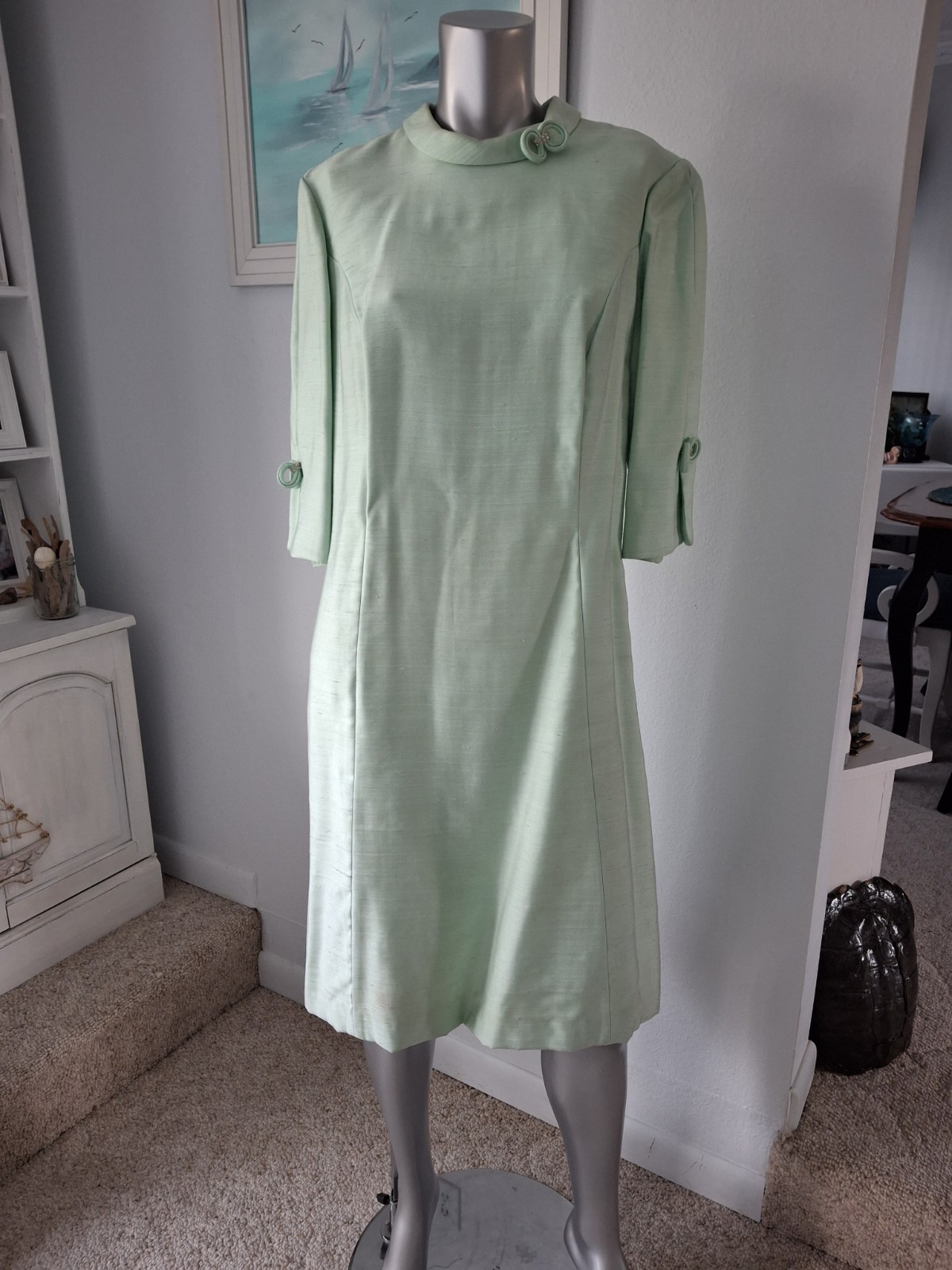 Vtg 50’s Nubbed Silk Dress Soft Mint Green Mother Of The Bride Cocktail Party