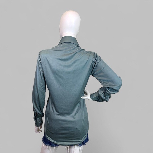 Madison Vintage 70s Sage Green Nylon Disco Shirt Dagger Collar Blouse Womens S