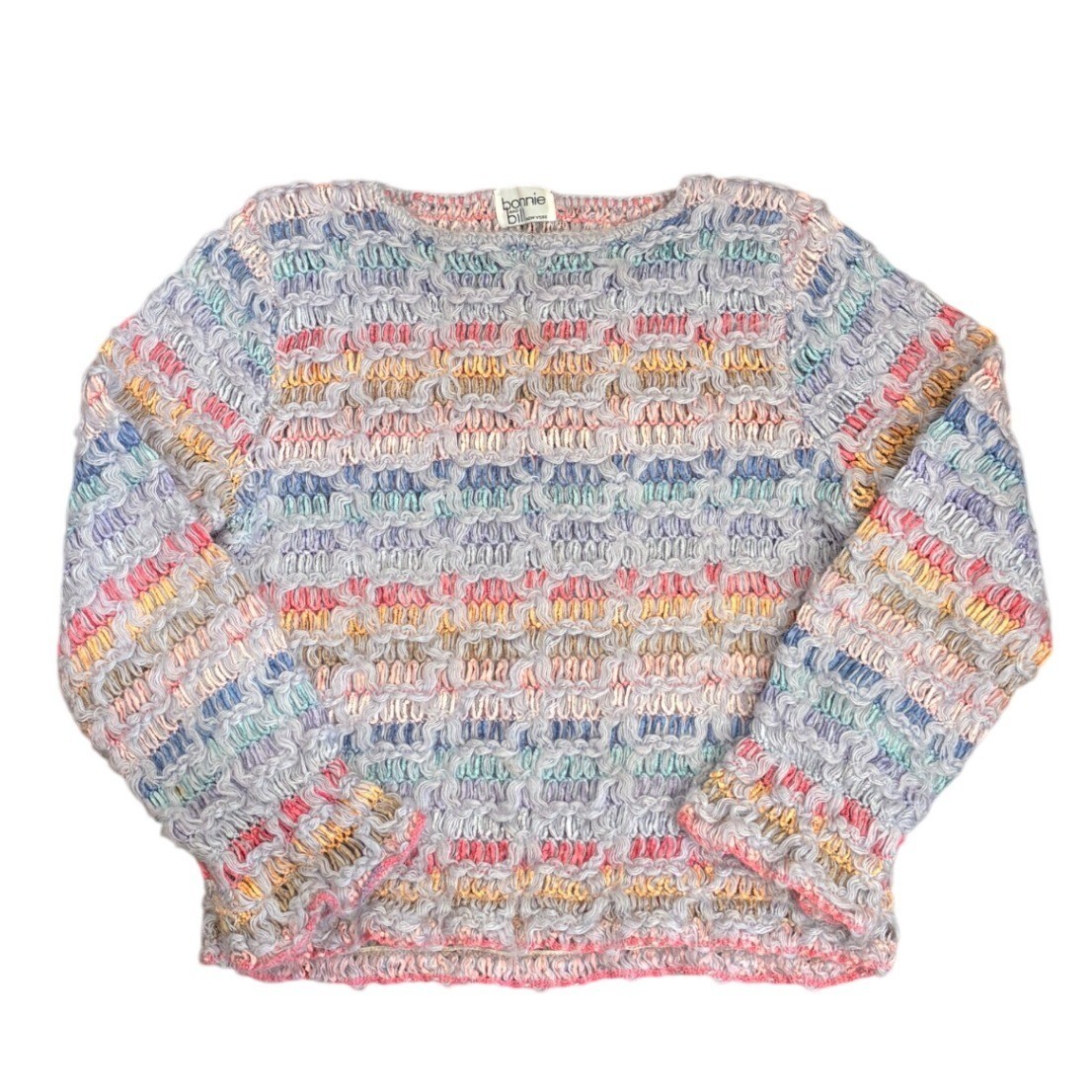 VTG 80s Bonnie and Bill Pastel Rainbow Textured Open Knit Sweater Granny Small