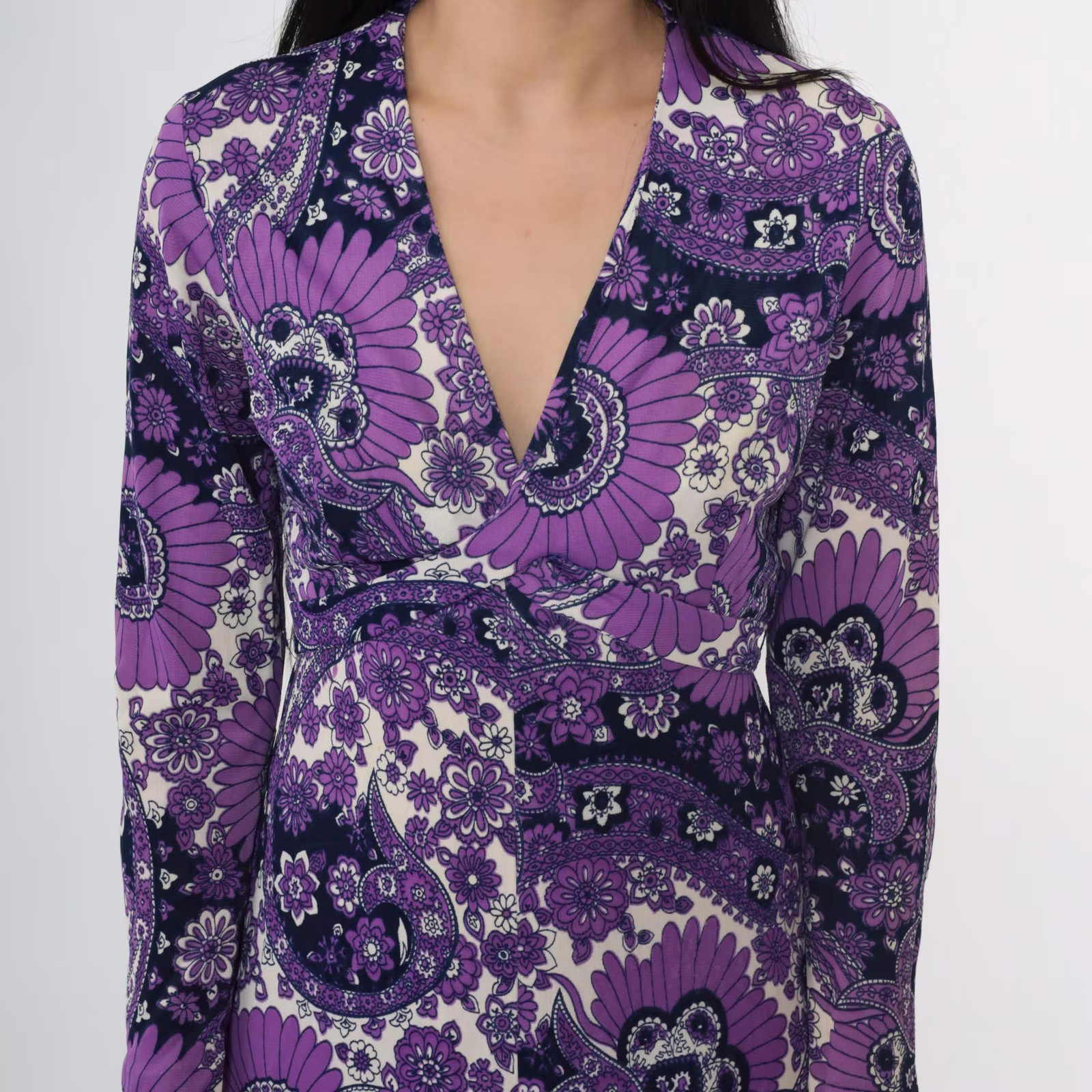 70s Psychedelic Maxi Dress Vintage Purple Paisley Floral Print Bohemian Gown V N