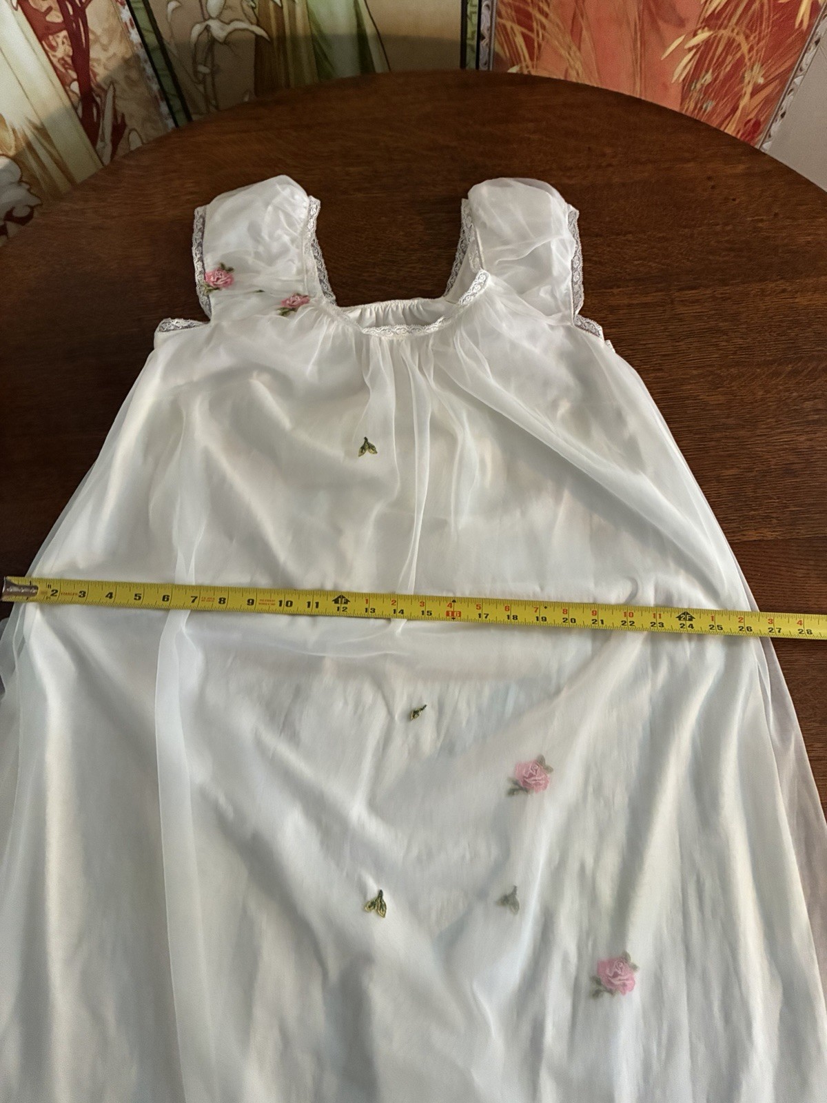Vintage White Laros Nylon Nightgown Flower Appliqués Size Med Cut # 125