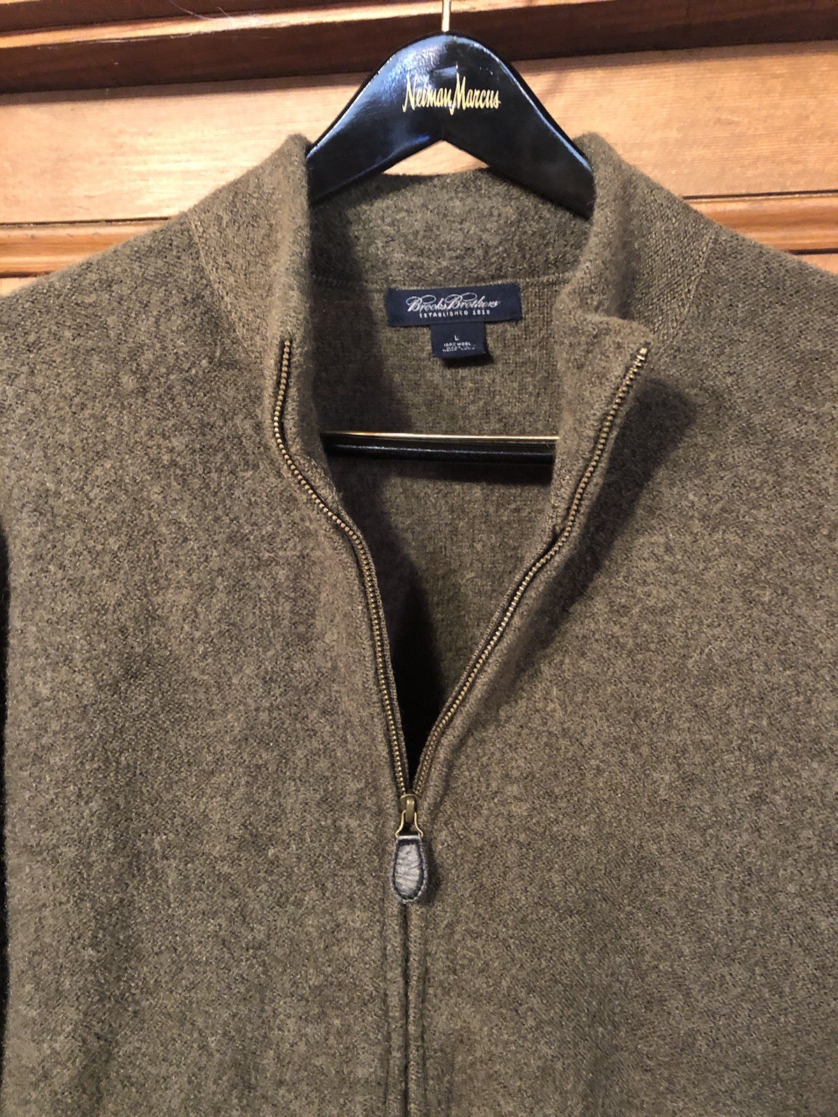 Vtg BROOKS BROTHERS 100% Wool Full Zip Sweater Gray/Green Sz L Made In Hong Kong