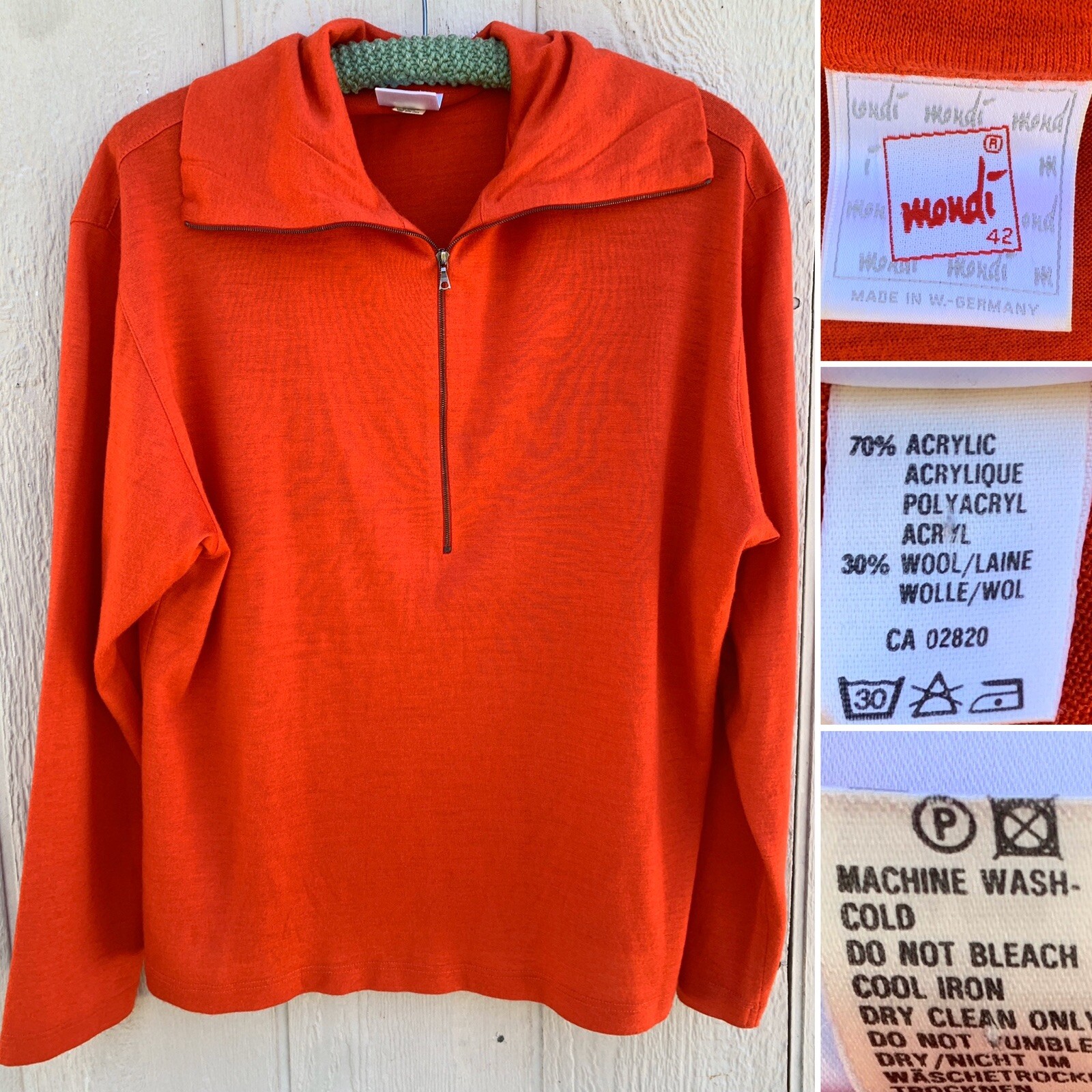 Vintage Mondi Made In W Germany Top W/ Zipper Pullover 42 80s 1980s Acrylic/Wool