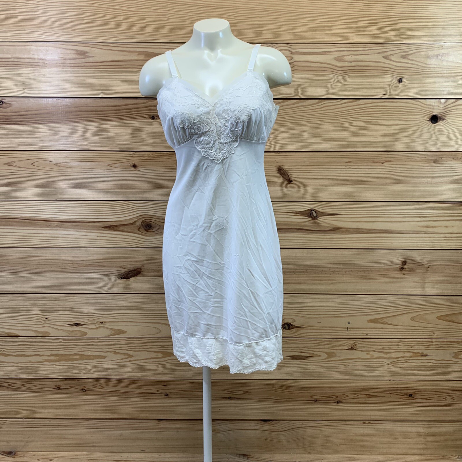 Vintage Snowdon Slip 34 Off White Lace Trim Nylon Embroidered Lingerie B139
