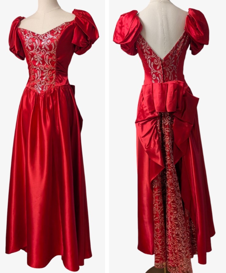 Vintage 70’s 80’s Red Satin Silver Lace Prom Gown Dress Puffy Sleeves Bustle S