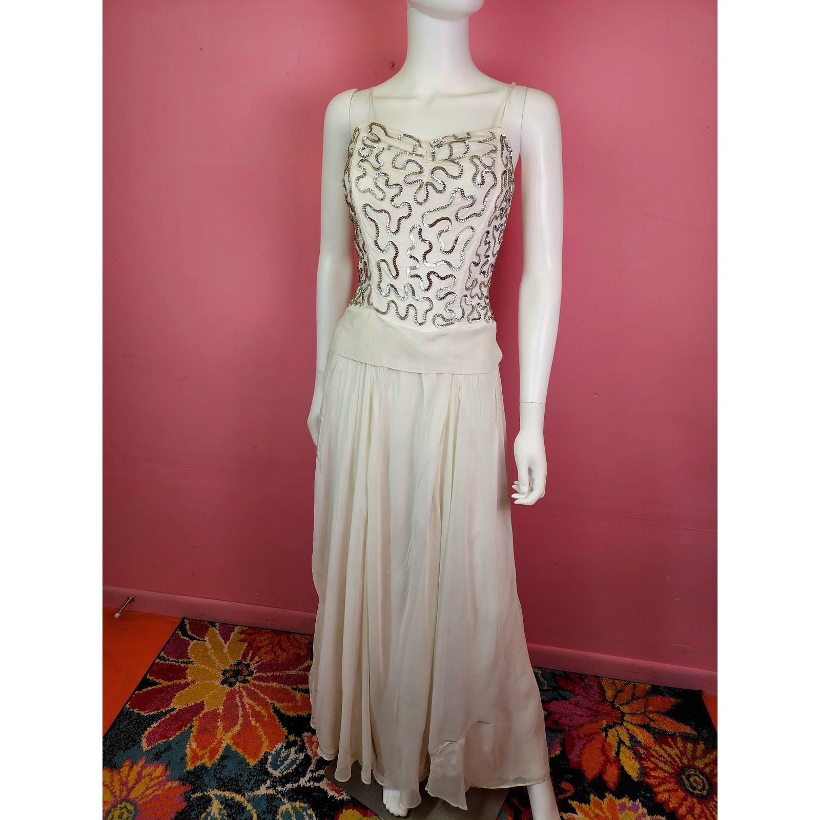 Vintage Late 1940’s White and Silver Sequin Bodice Chiffon Gown with Bow Back