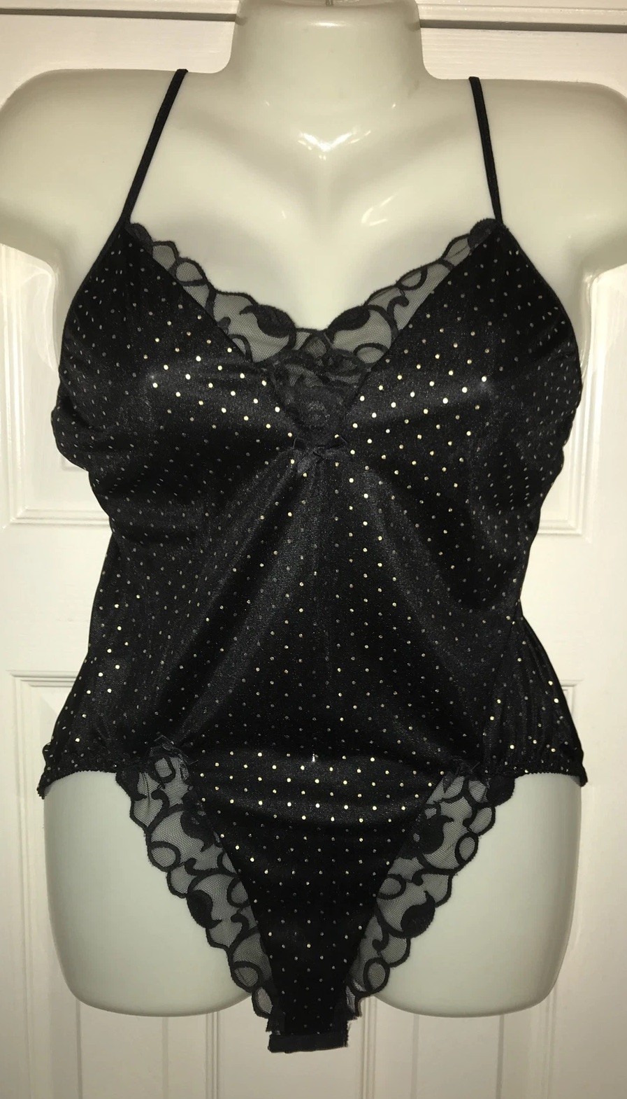 Vintage Teddy ROMPER Bodysuit ROMANTIC FASHIONS~stretch BLACK/GOLD DOT WOMANS M