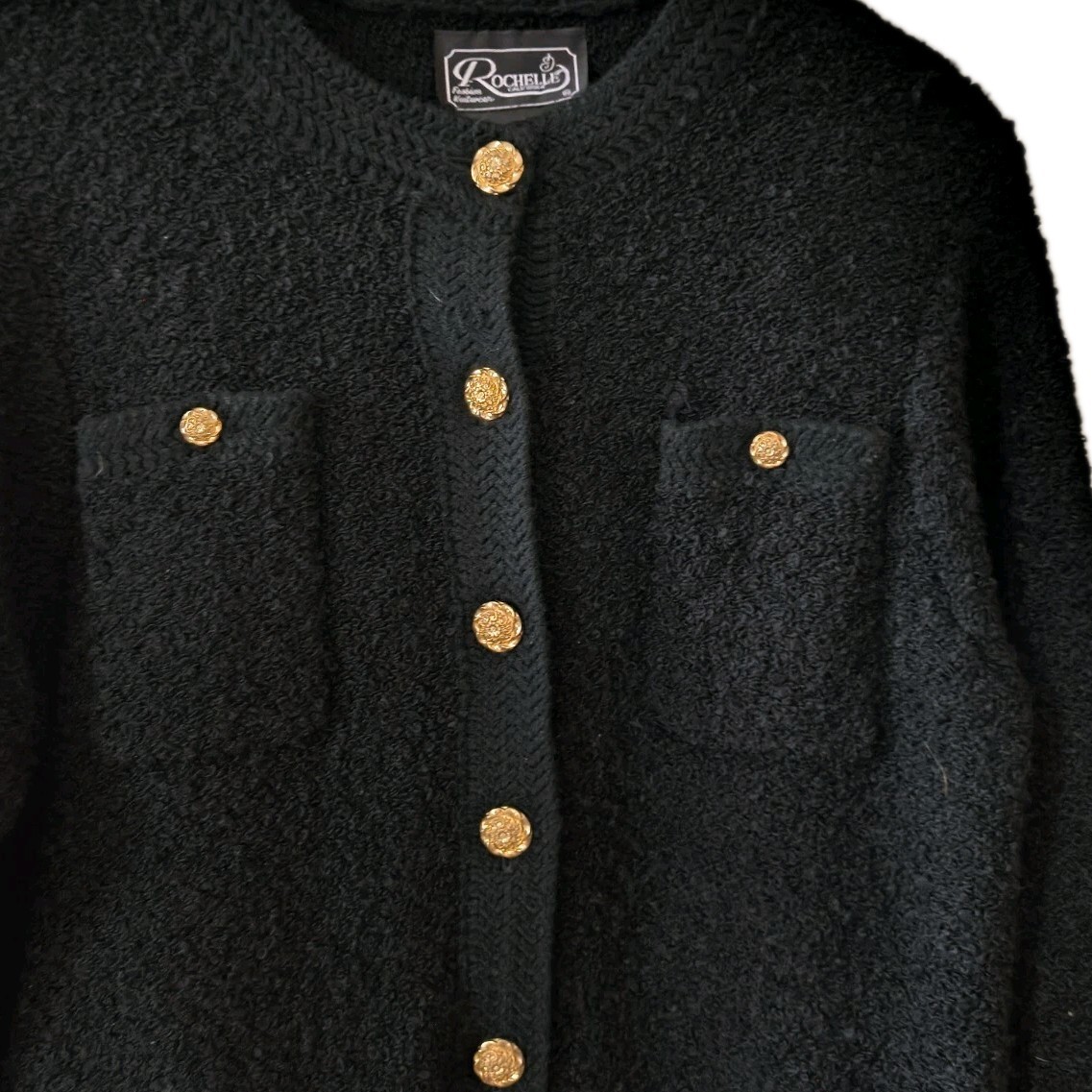 ROCHELLE CALIFORNIA VINTAGE BLACK CARDIGAN SWEATER ACRYLIC GOLD BUTTONS Lrg EUC