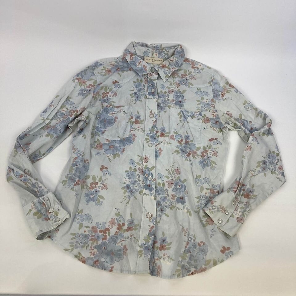 VTG Lord & Taylor Petite 8 S M Western Prairie Floral Blouse Snap Button Down