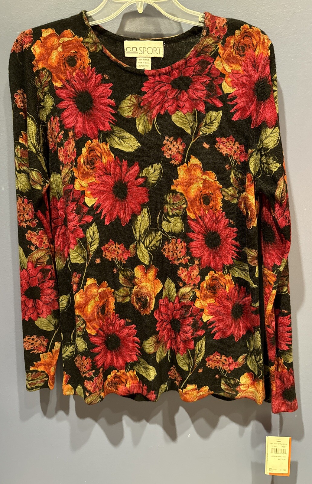Womens Medium Sweater, Black Floral, 1990s Vintage NWT, C.D. Sport