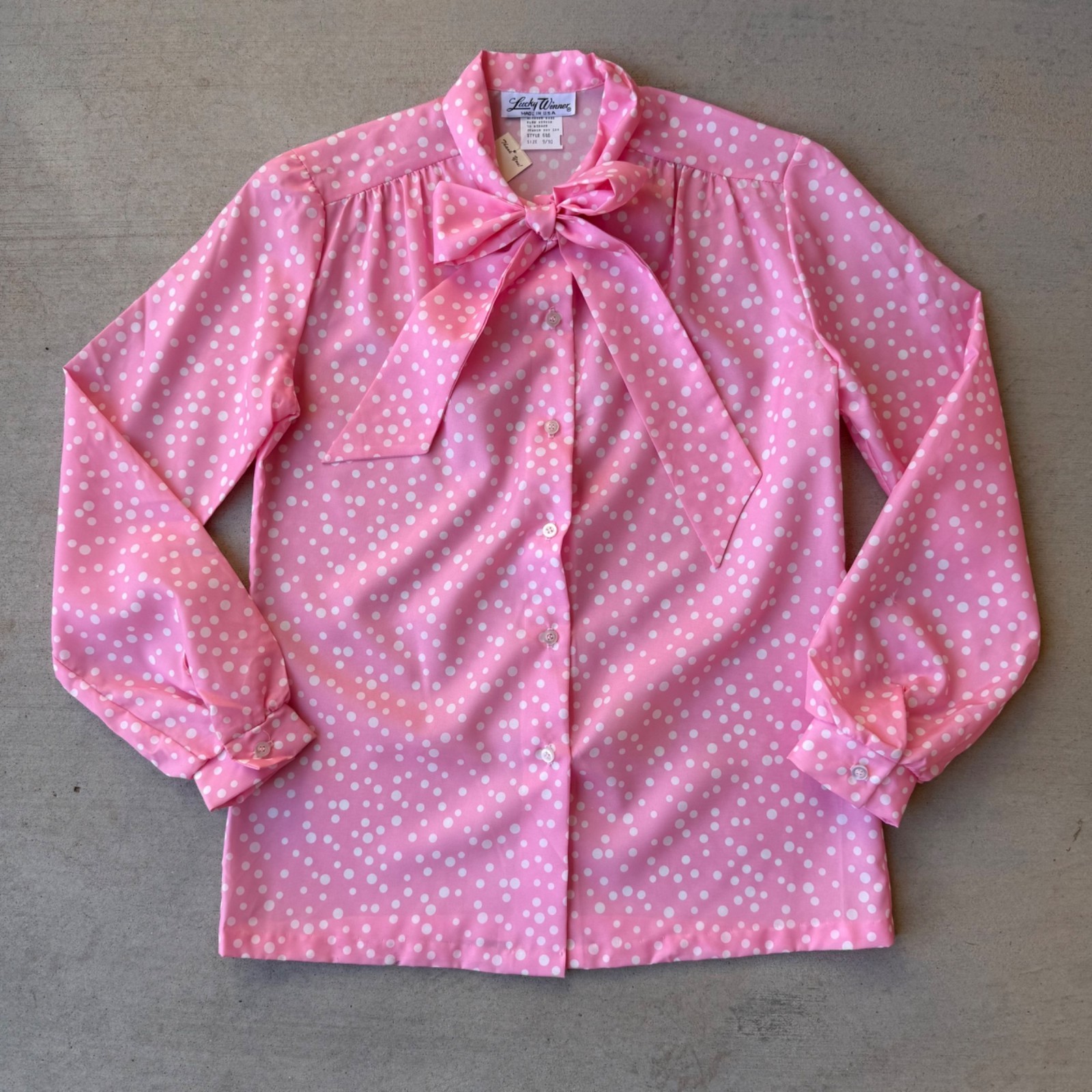 Vintage 70s Pink Polka Dot Pussy-Bow Blouse