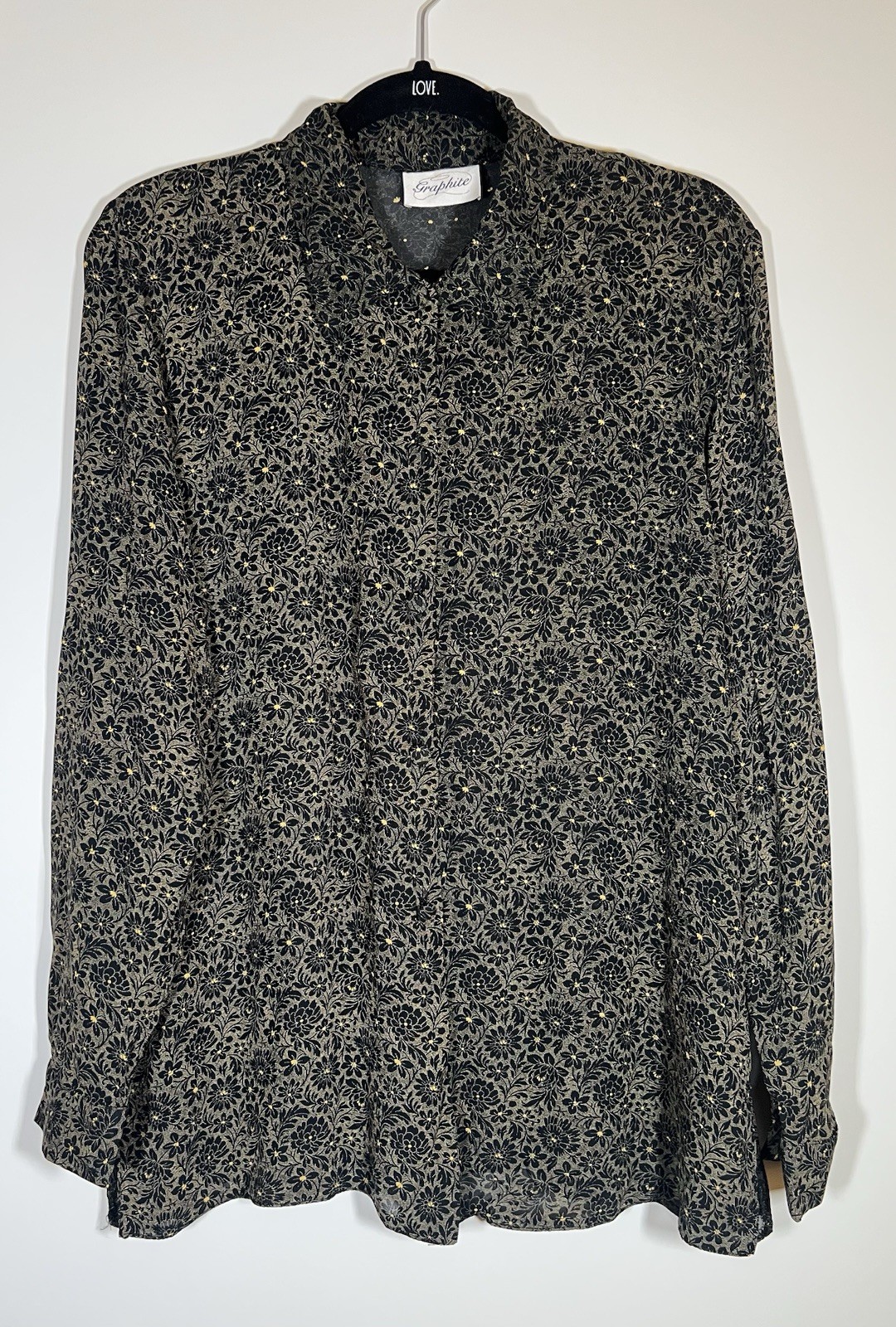 Vintage 80s Graphite black sheer collared whimsigoth witchy blouse XL floral