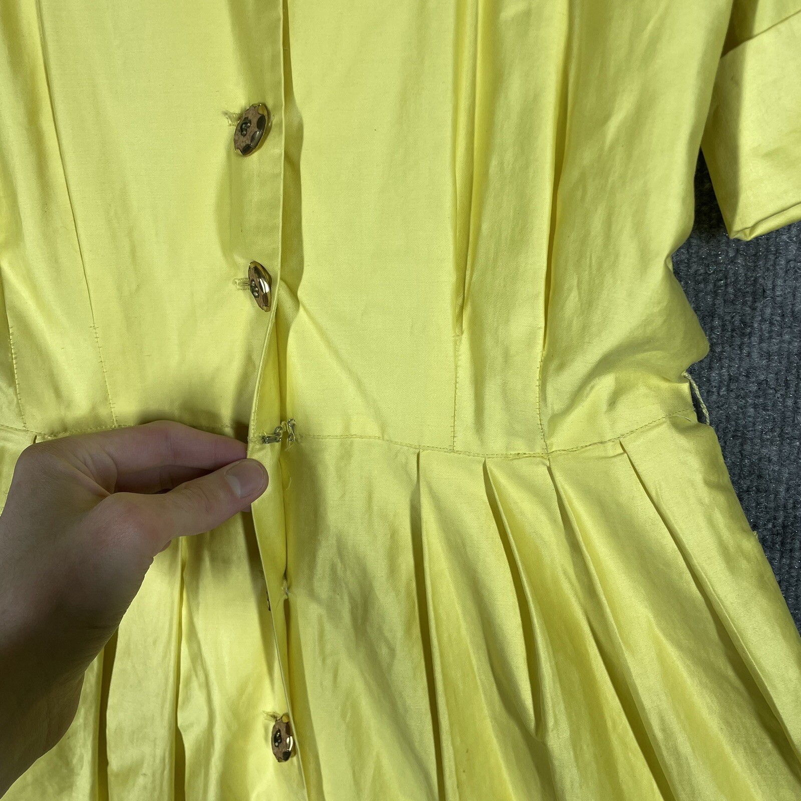 VINTAGE 50s Town & Country Club Dress Small Polished Cotton Day Tea Swing Yellow