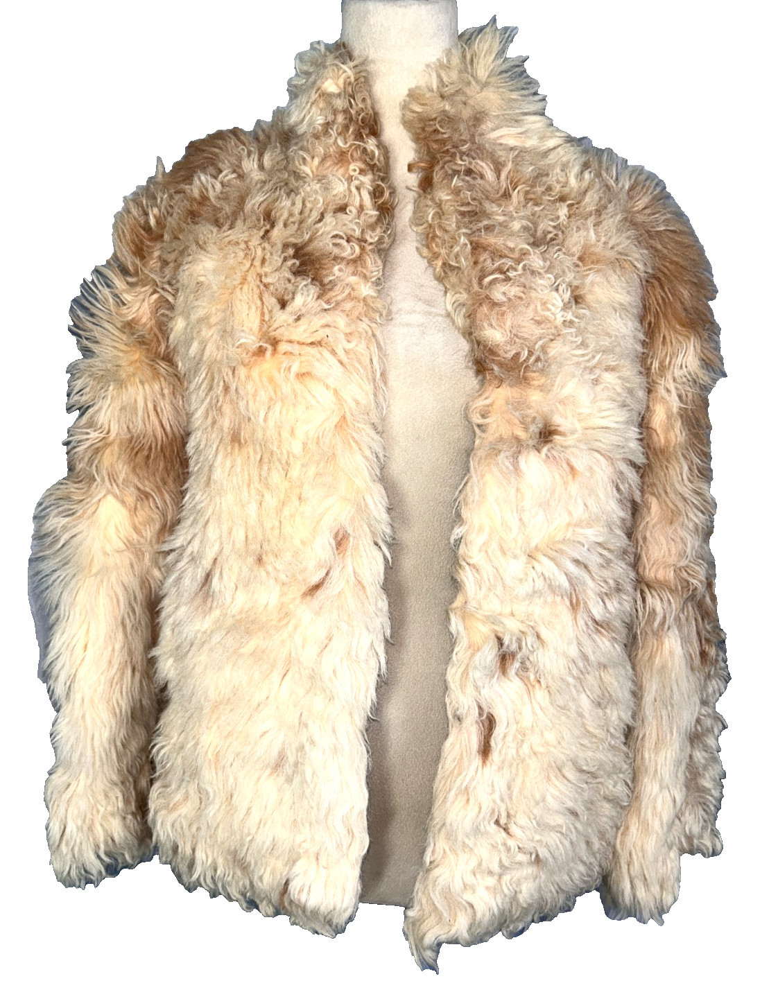 Vintage 1970s Shaggy Curly Cream And Brown Mongolian Lamb Sheep Fur Coat Jacket