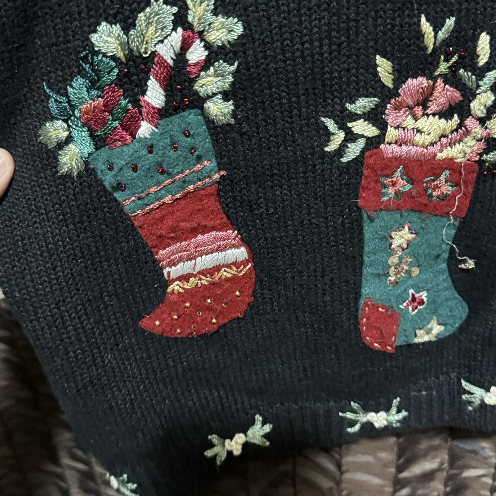 Stitches In Time Cardigan Sweater Stockings Holiday Christmas Black Size 1X Vtg