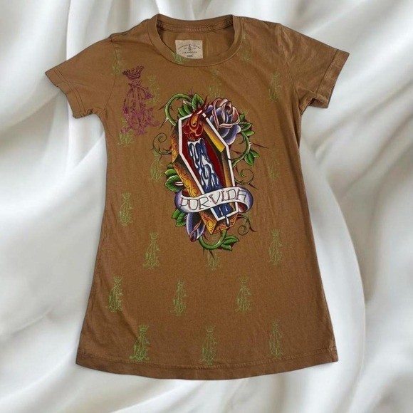 Rare Christian Audigier Ed Hardy tan casket graphic top y2k vintage grunge