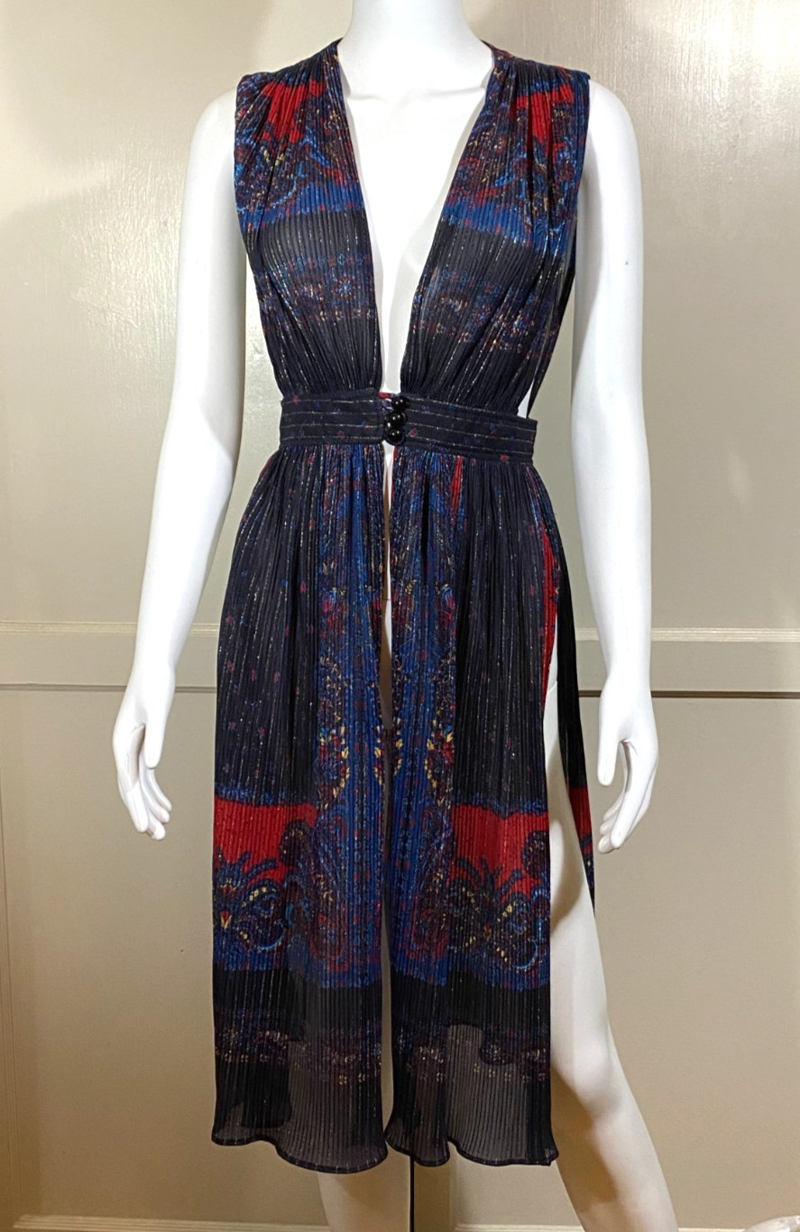 Stunning Vintage 1970s Sheer Metallic Paisley Plunging V Midi Dress Tunic, Small