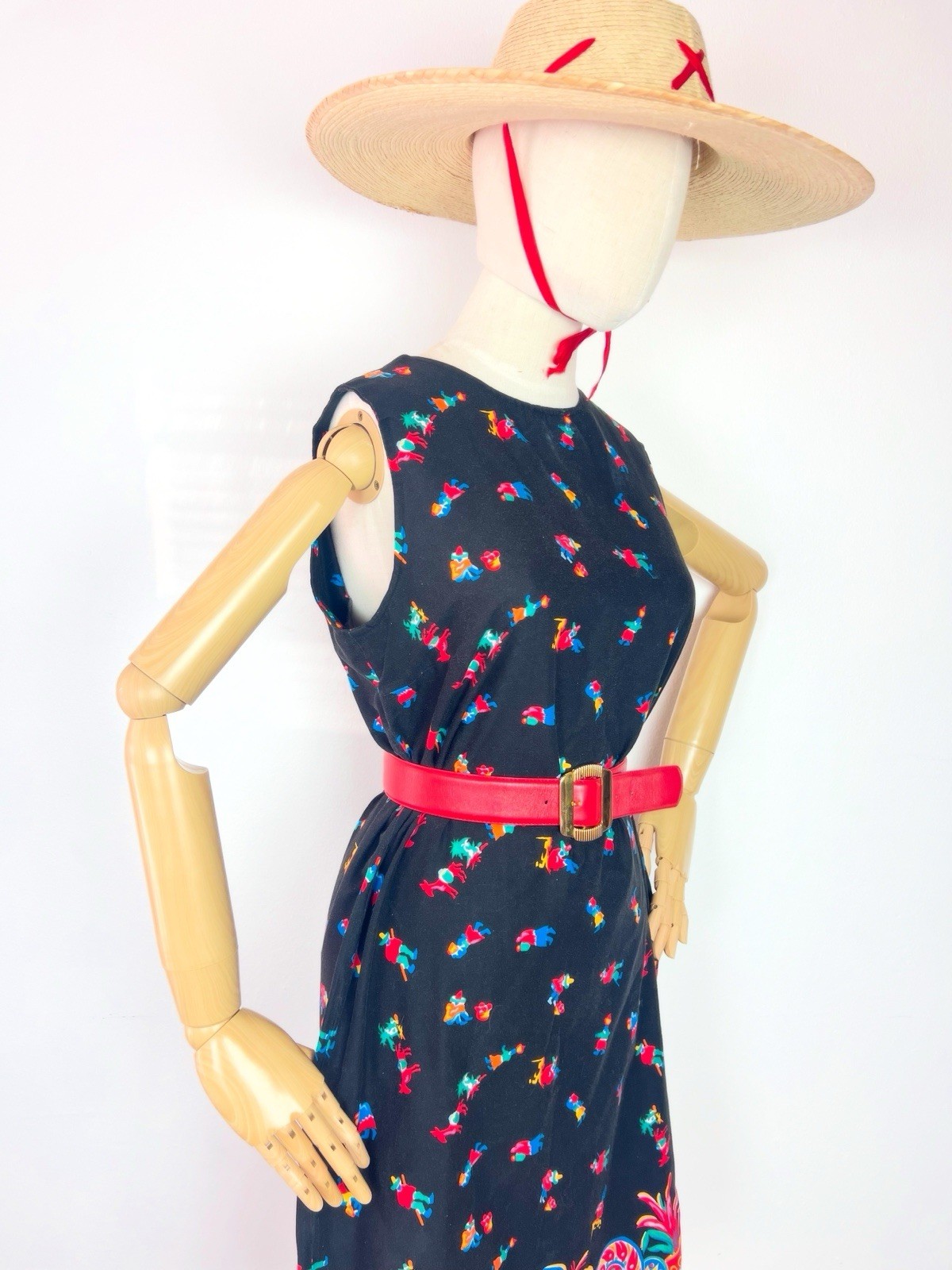 MEXICAN NOVELTY Print 60s 1960’s Vintage Black Cotton Shift Sundress Dress M 36b