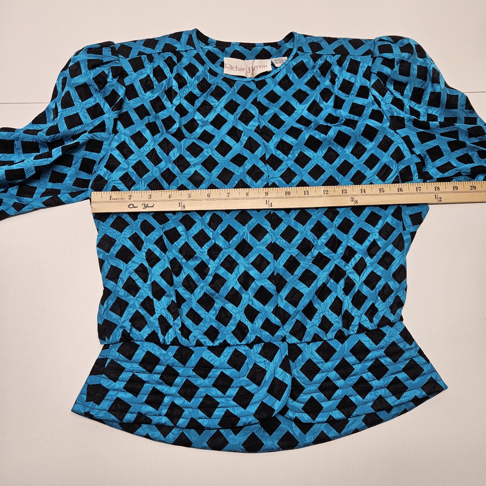 NWT Vtg 80s 100% Silk Jacquard Puff Sleeve Check Top w Scarf Blue Black Sz 10