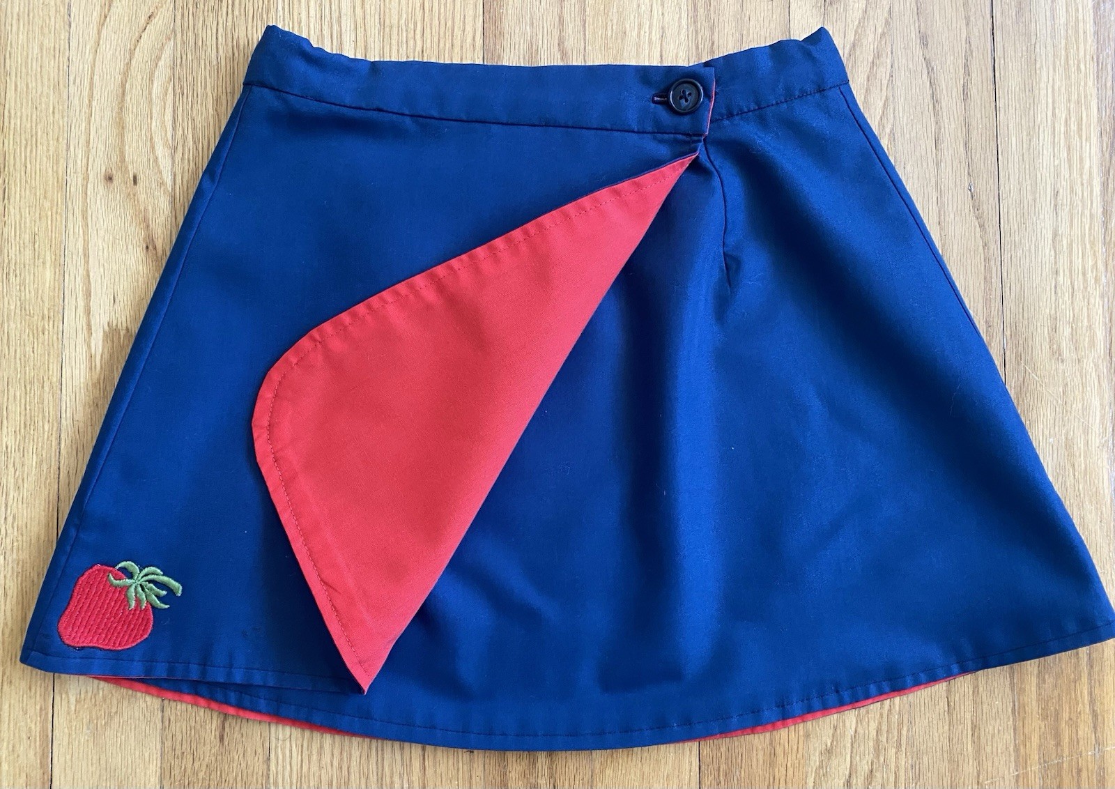 Vintage 70s Reversible Wrap Skirt *Small* Strawberry Red & Blue Cotton Mini