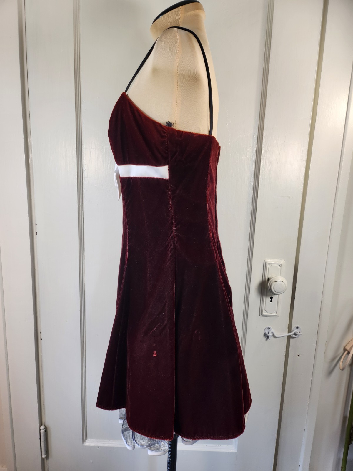 Vtg NWT 90s Y2K Empire Waist Bow Rhinestone Velvet Mini Dress Burgundy
