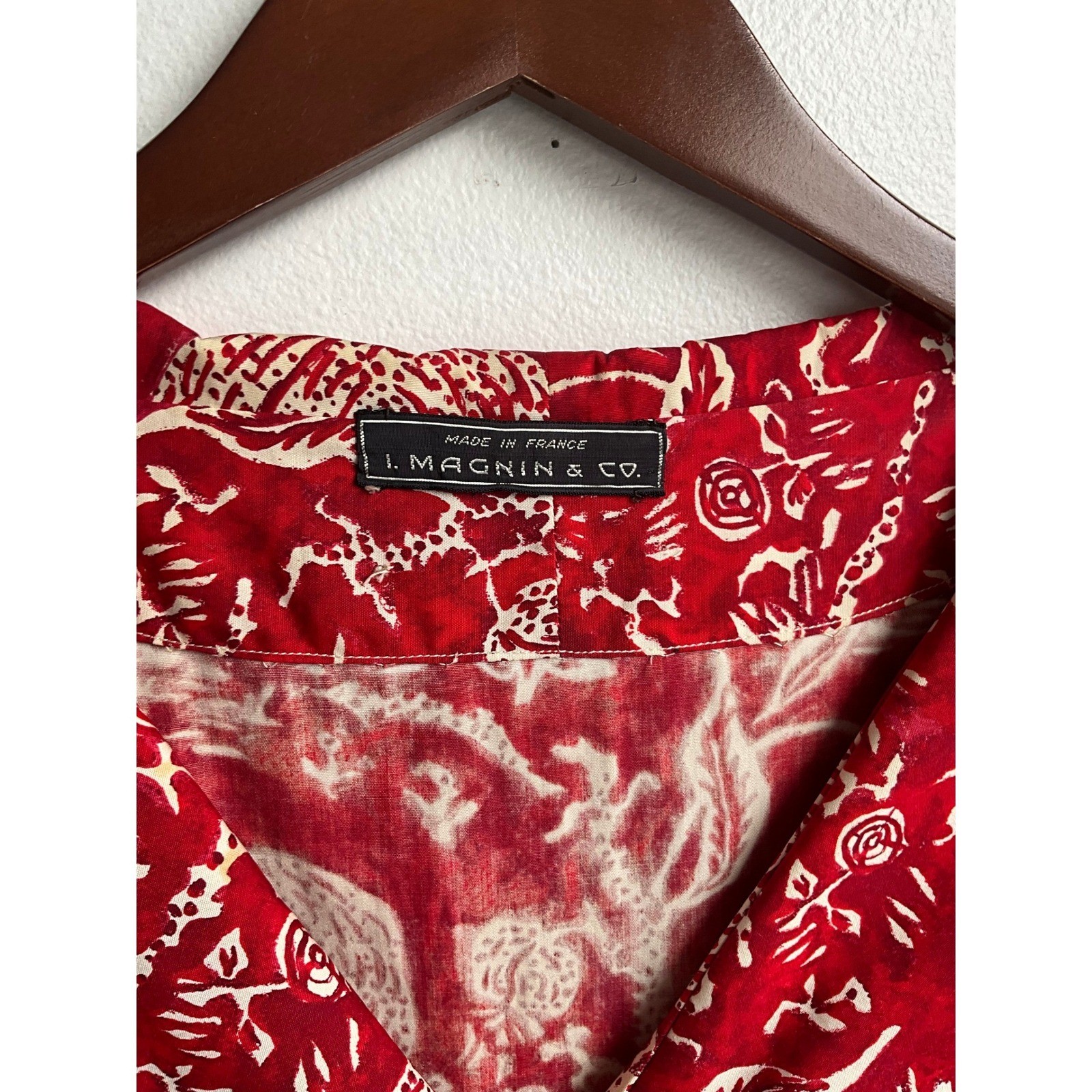 Vintage i Magnin Fit Flare Midi Dress Red Pomegranate Print Made France Size M