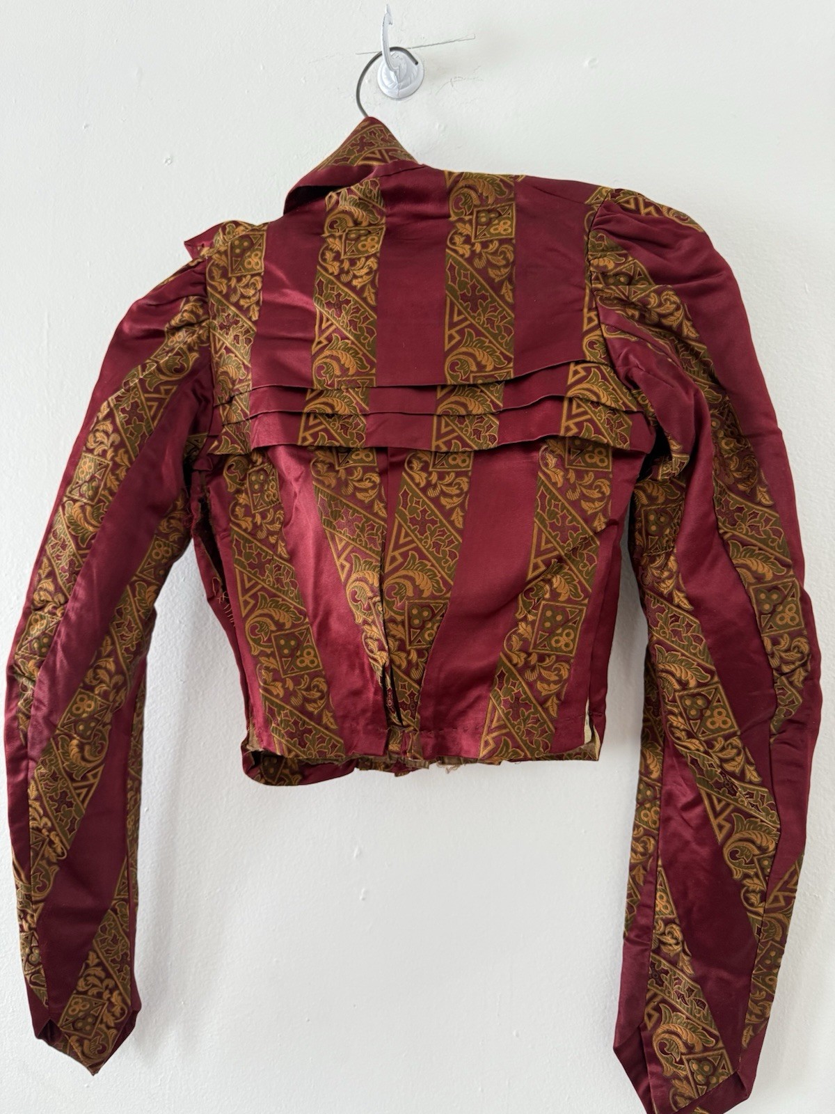 Antique Victorian Brocade Silk Satin Bodice Jewel Toned Boning 1800s XXS/XS