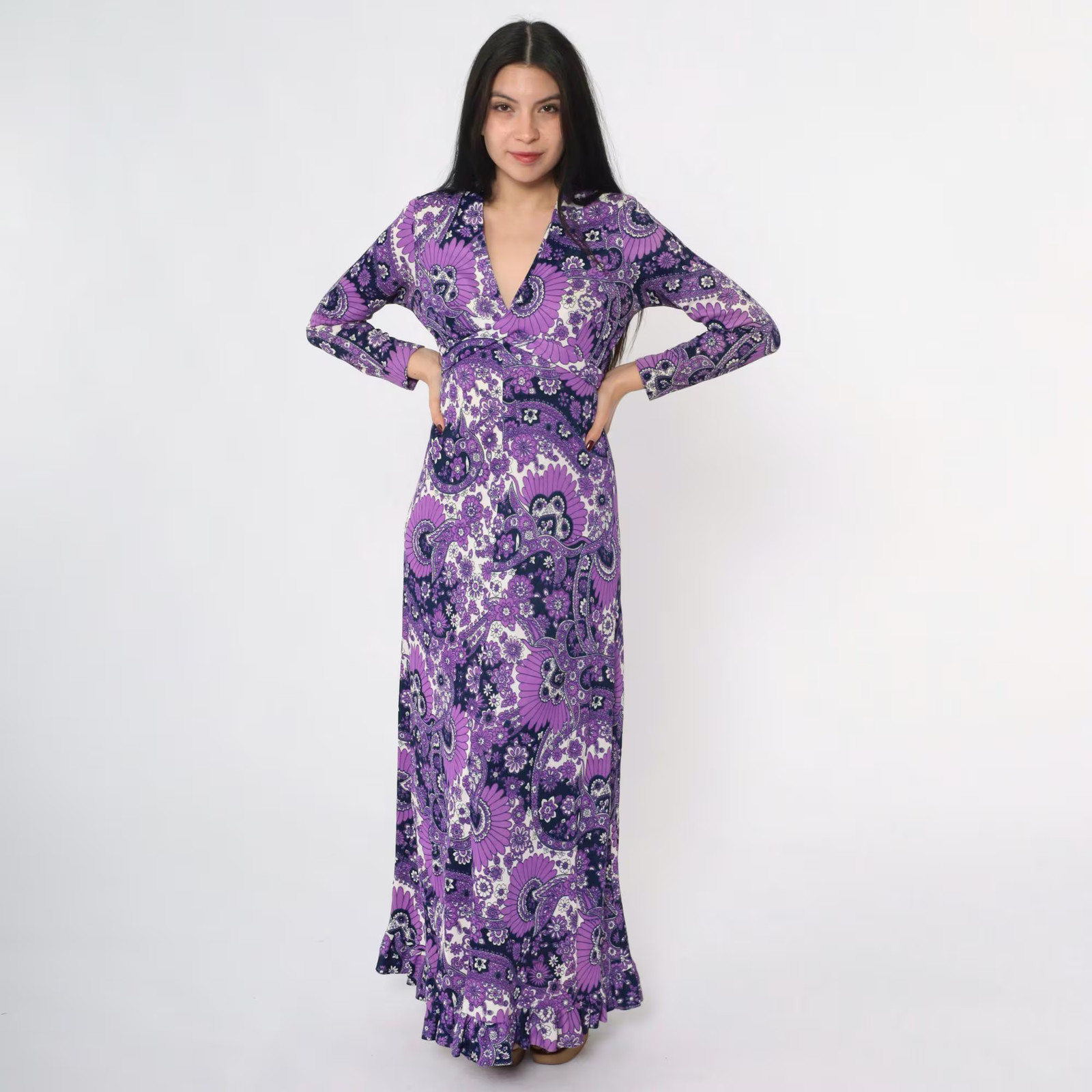 70s Psychedelic Maxi Dress Vintage Purple Paisley Floral Print Bohemian Gown V N