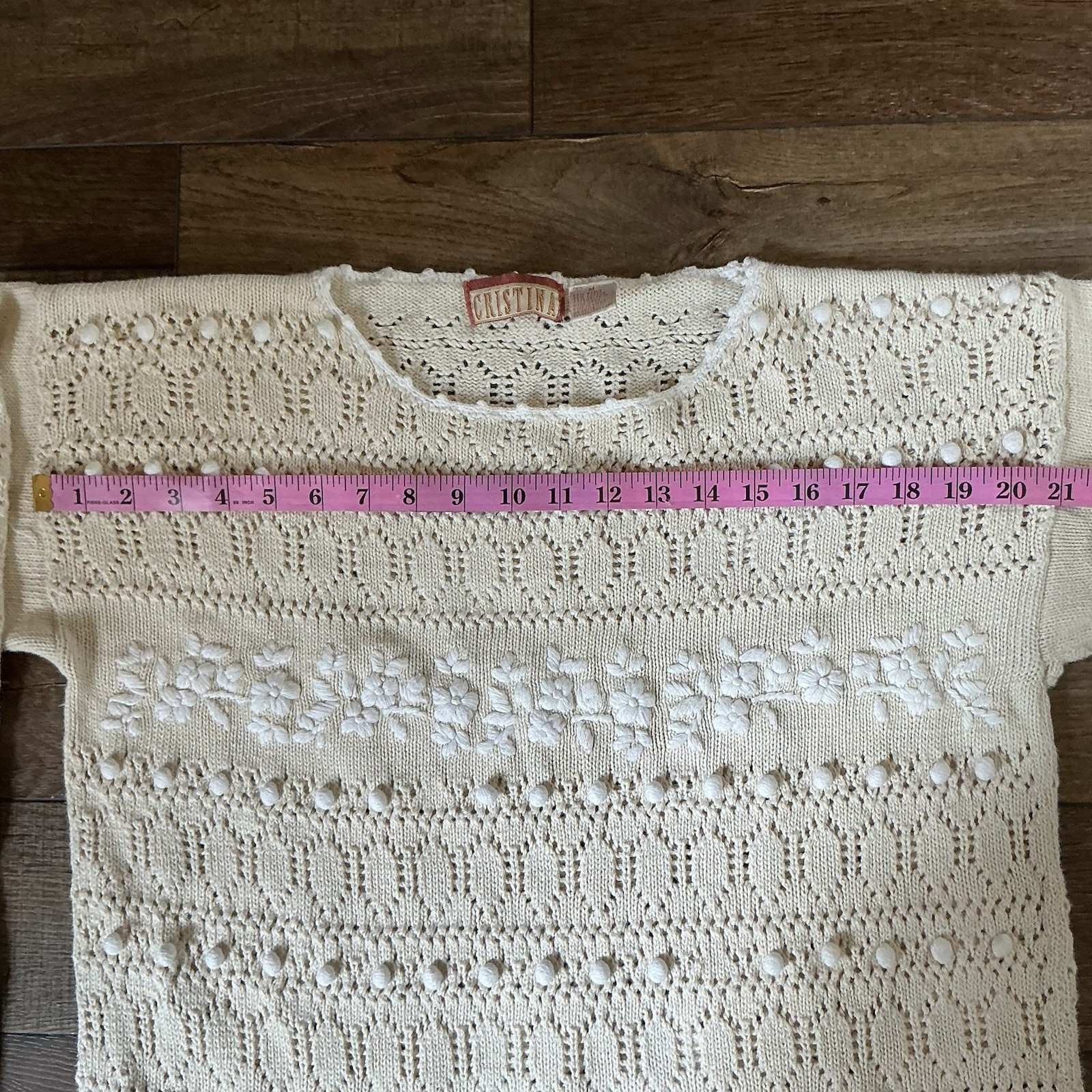 VINTAGE Size M Cristina Cream Open Knit Floral Sweater Womens Ramie Cotton 37701