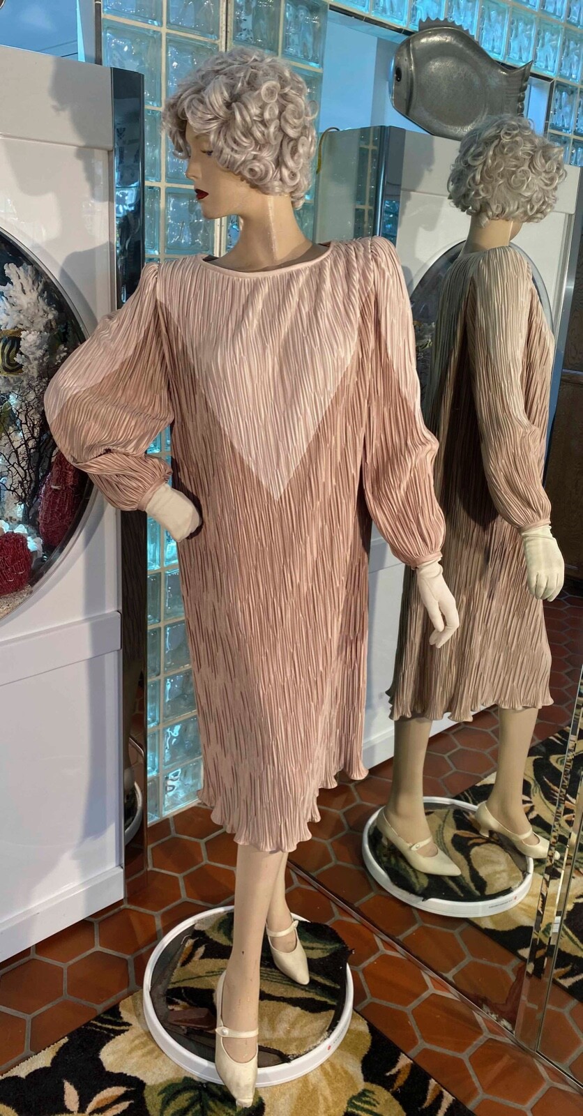 VTG 80s Beige Crinkle Puff sleeve Cocktail Shift DRESS L