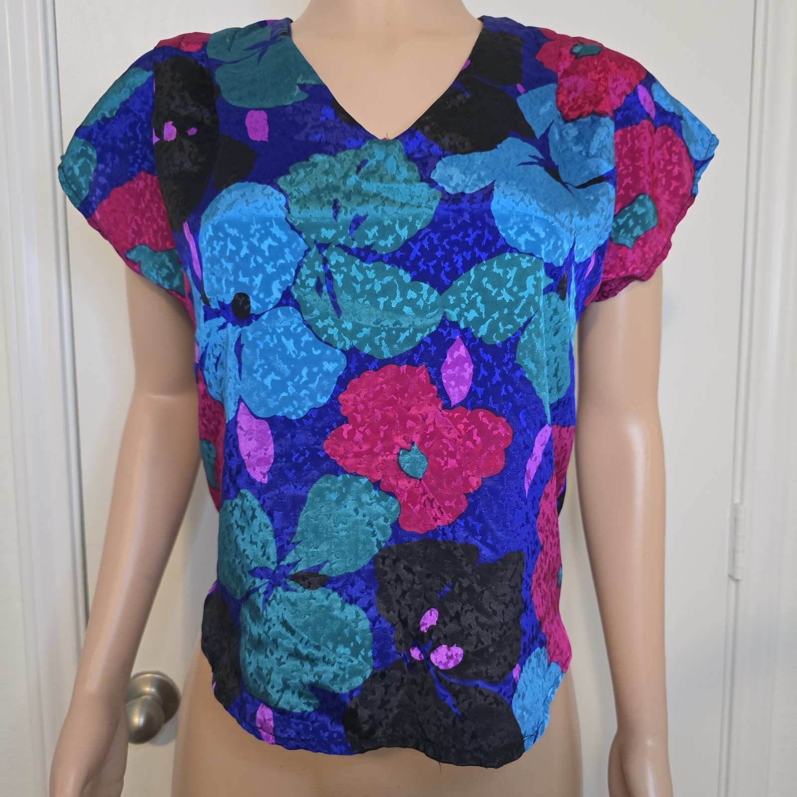 VTG Abstract Blue Floral Blouse Retro Bold Print Jonathan Martin Approx Sz M