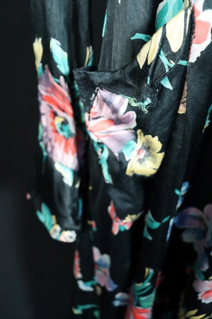 Vintage 1940’s French Silky Rayon Satin Black Floral Dressing Gown Size 6-8