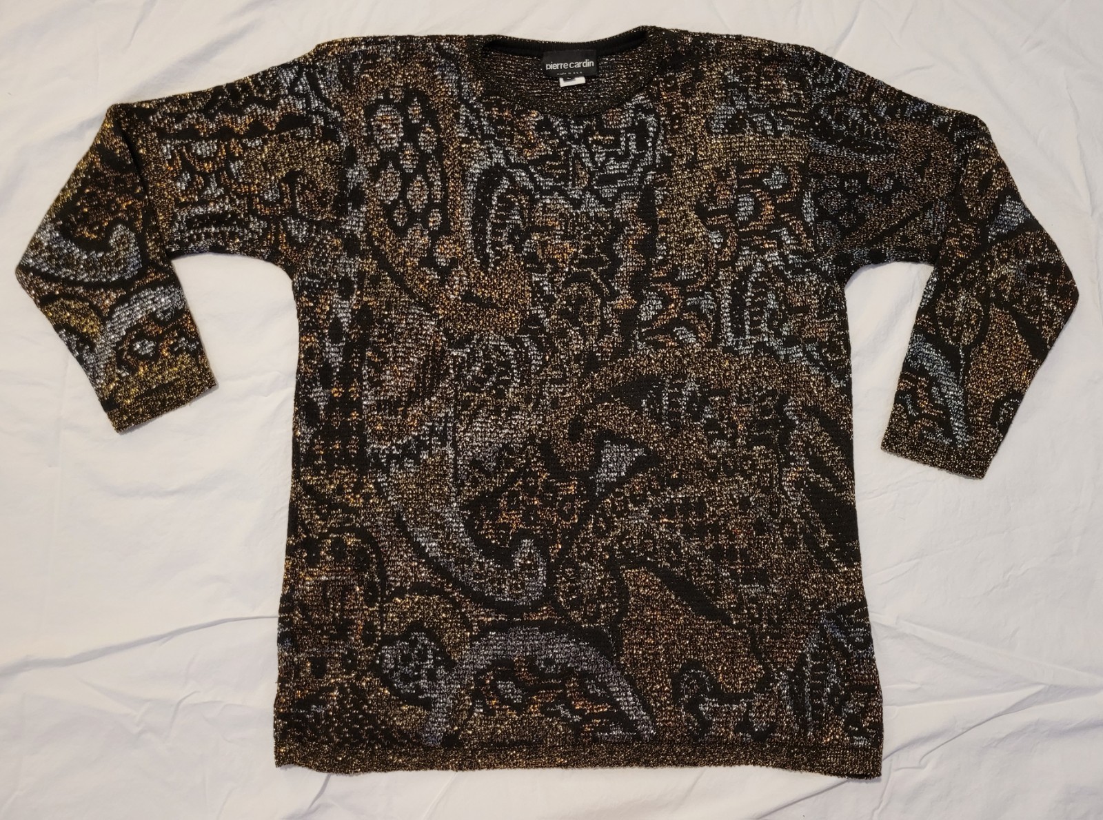 Vintage 1980s 80s Pierre Cardin Black Silver Gold Metallic Paisley Sweater L