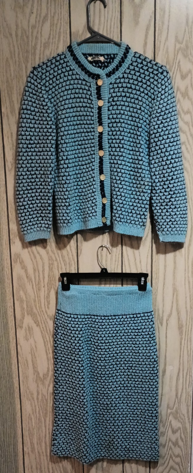 Vintage Late 50s, Early 60s Knit Sweater and Skirt Ensemble.
