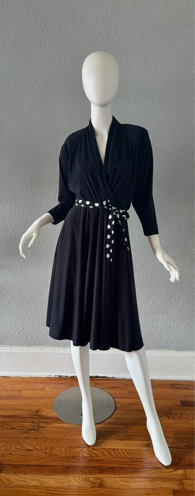 Vintage 80s Black Faux Wrap WILLI Full Skirt Shirt Dress M/L