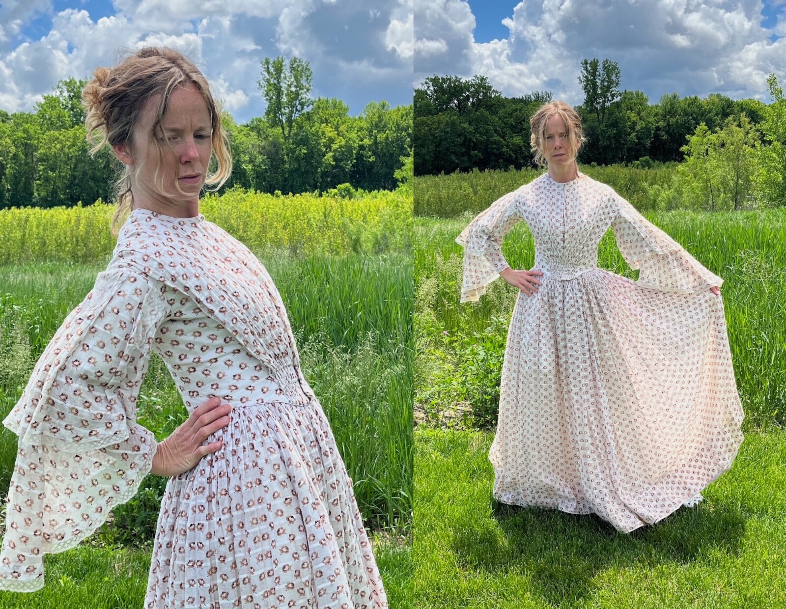 1850s Victorian Printed Rosebud Cotton Fan Front Dress Tiered Pagoda Sleeves XS