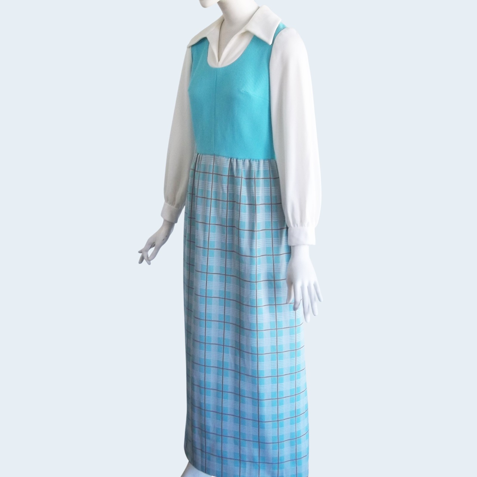 Vintage 70s Ayres ILGWU Tag Dagger Collar Plaid Skirt Double Knit Maxi Dress XS