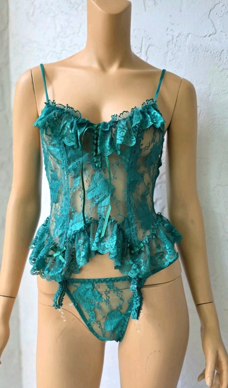 Vintage Andrea Kristoff for Escante Sheer Lace Green Ruffle Romantic Set Medium