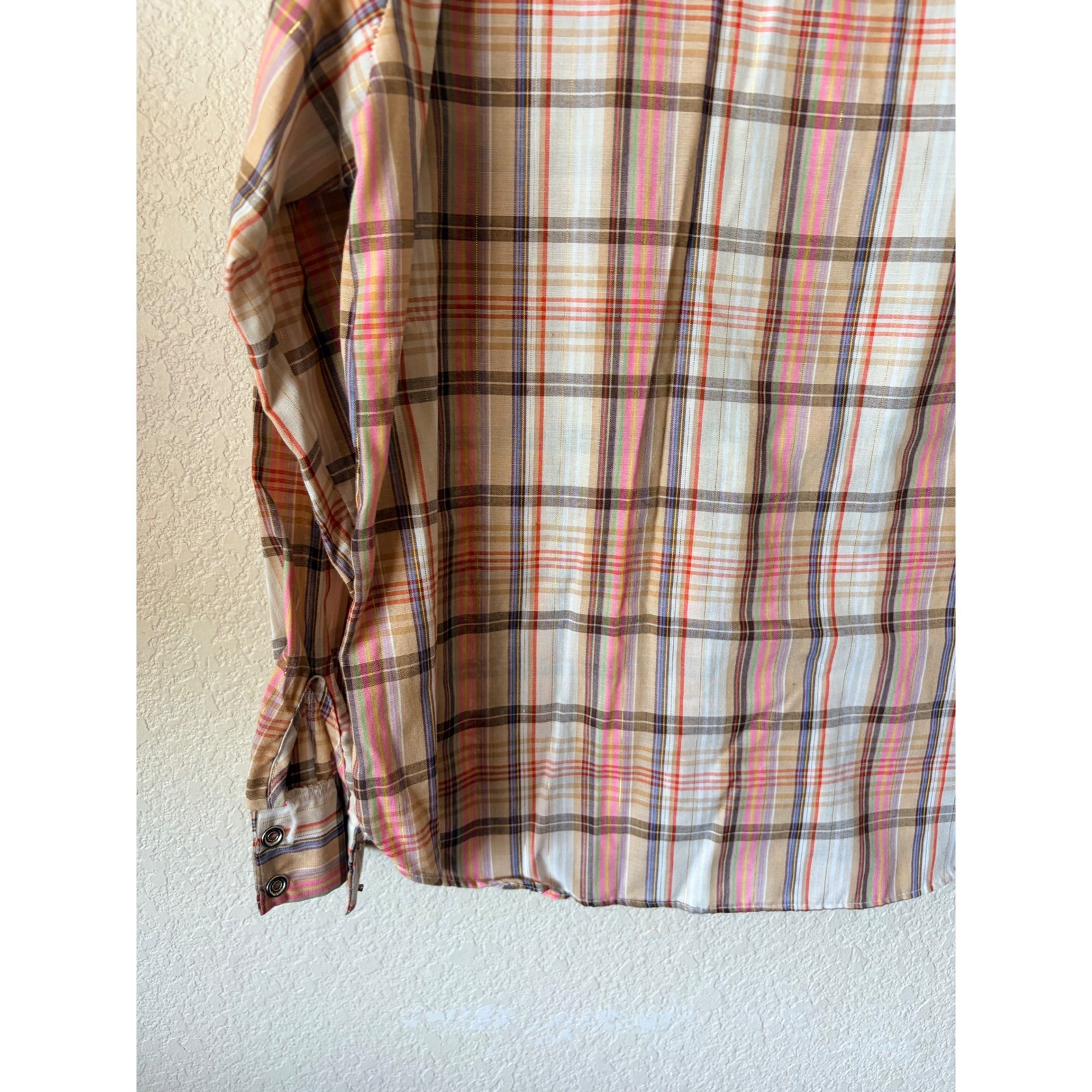 Vintage Land n Sea Western Plaid Snap Button Shirt Pink Tan Fortrel USA Size 36