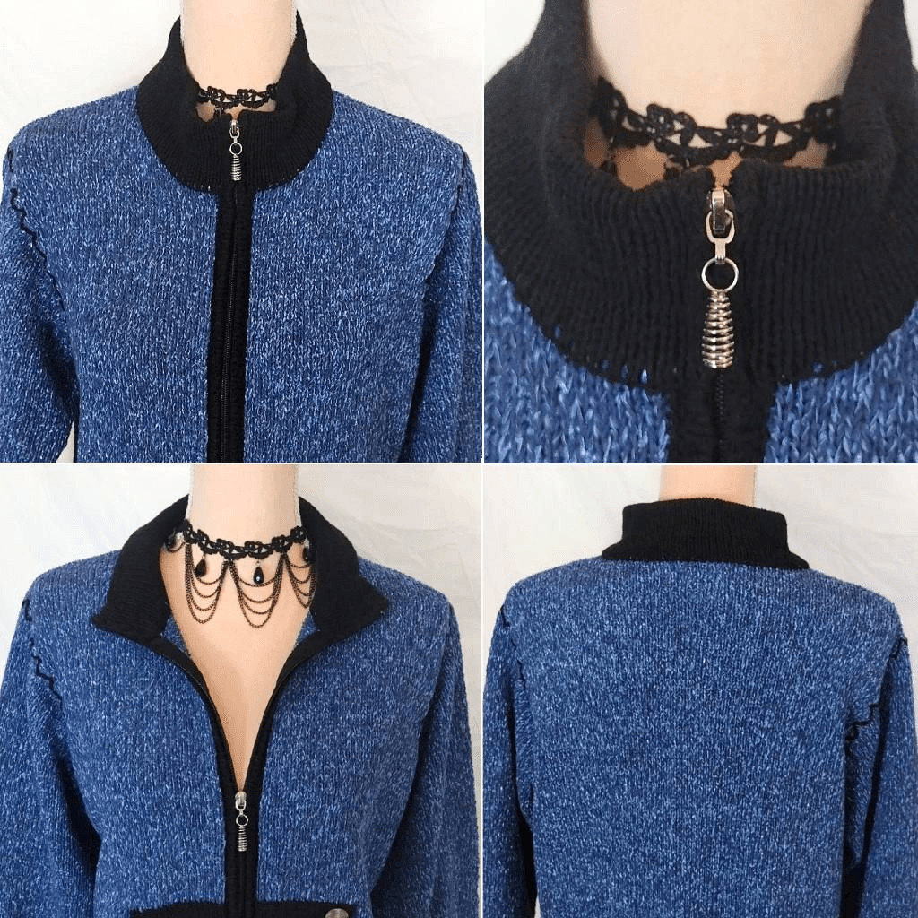 VTG 80s 90s Fia Italia Handloomed Blue Black Knit Zip Cardigan Sweater XL