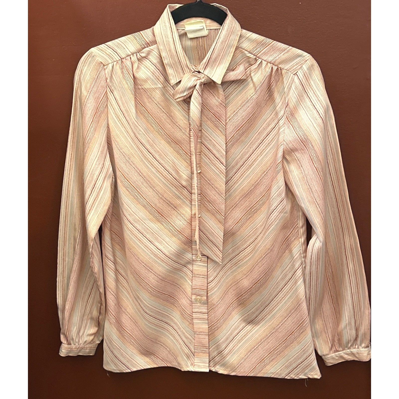 70s A Perfect Match Blouse Secretary Librarian Retro Bow Tie Neck Orange Striped